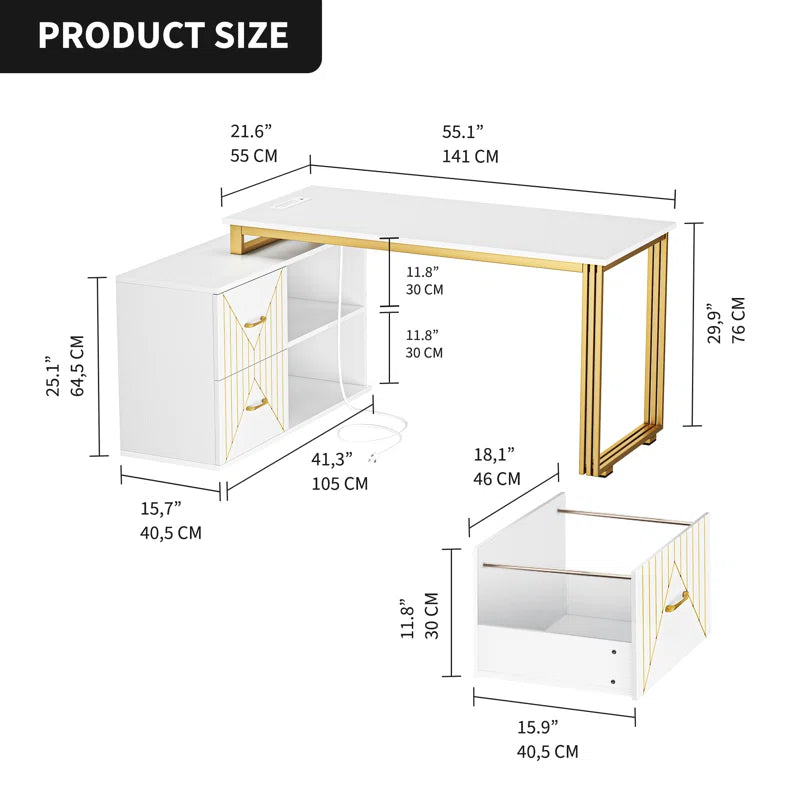 55'' Reversible L-Shaped Metal Base Writing Desk with LED Light & Power Outlets