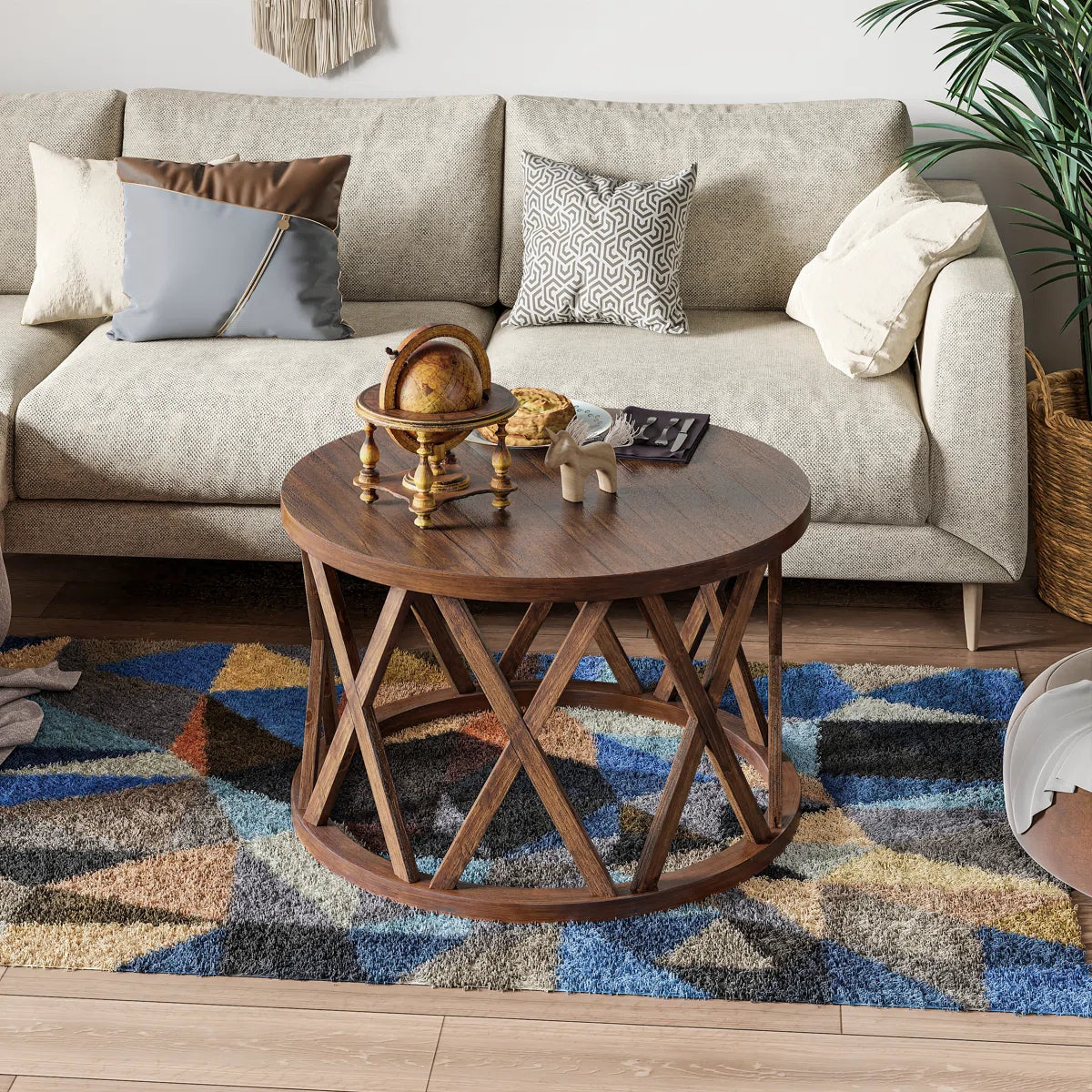 Viradis Farmhouse Coffee Table, Rustic Round Coffee Table with X-Motifs Legs, Wood Textured Top