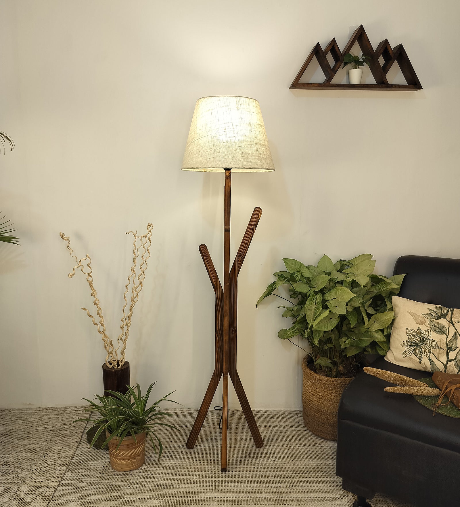 Vrikshya Wooden Floor Lamp with Brown Base and Premium Beige Fabric Lampshade (BULB NOT INCLUDED)