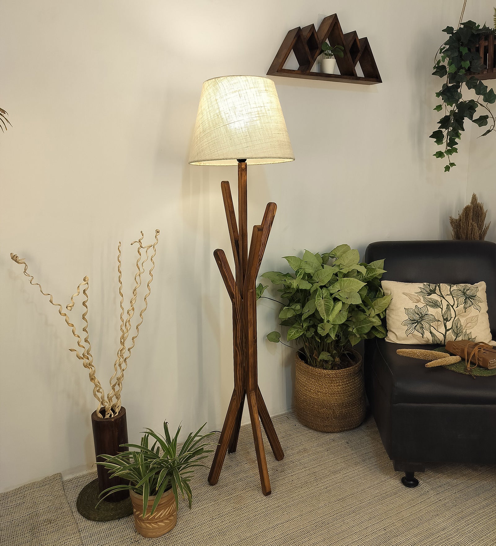 Vrikshya Wooden Floor Lamp with Brown Base and Premium Beige Fabric Lampshade (BULB NOT INCLUDED)