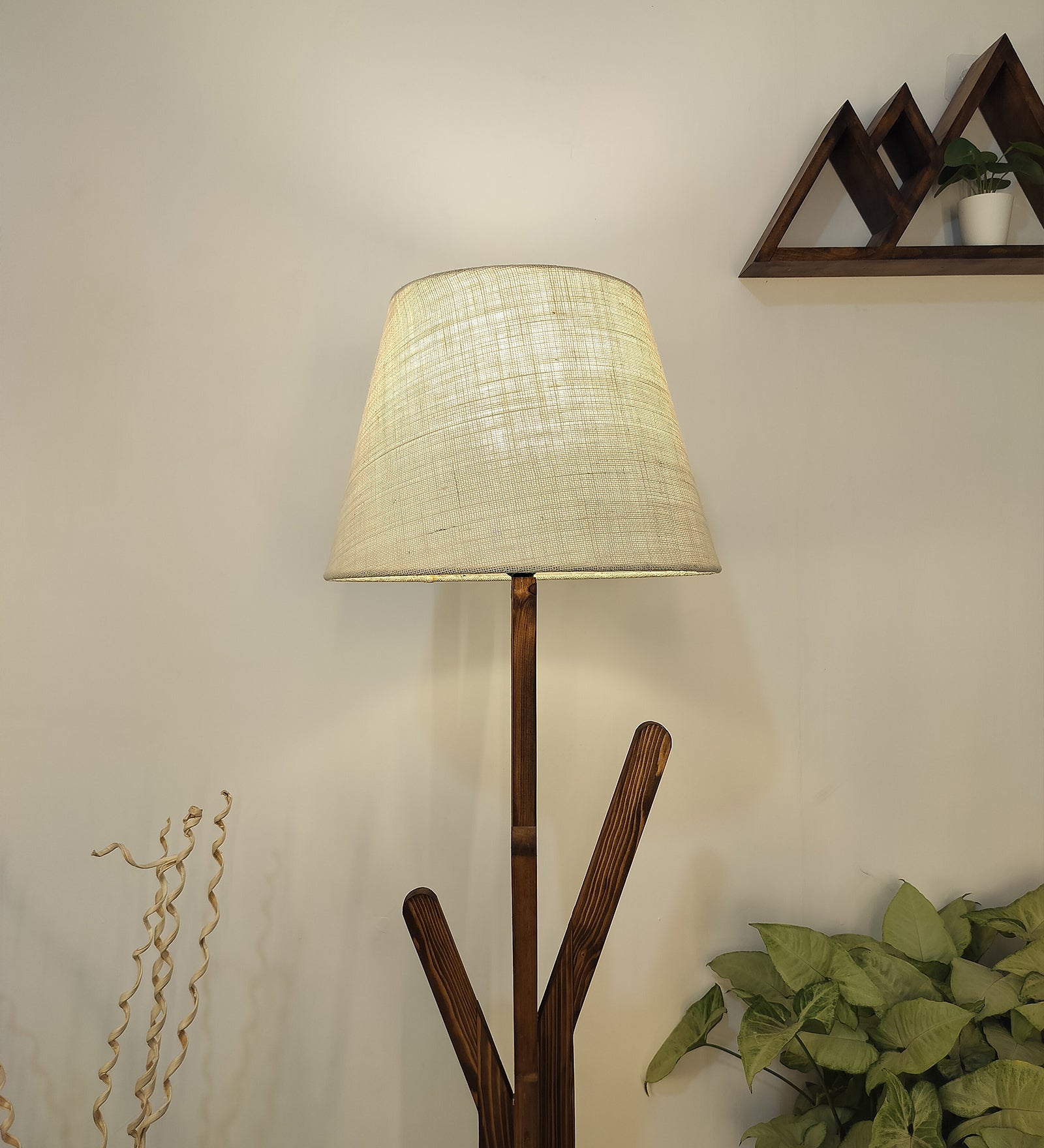 Vrikshya Wooden Floor Lamp with Brown Base and Premium Beige Fabric Lampshade (BULB NOT INCLUDED)