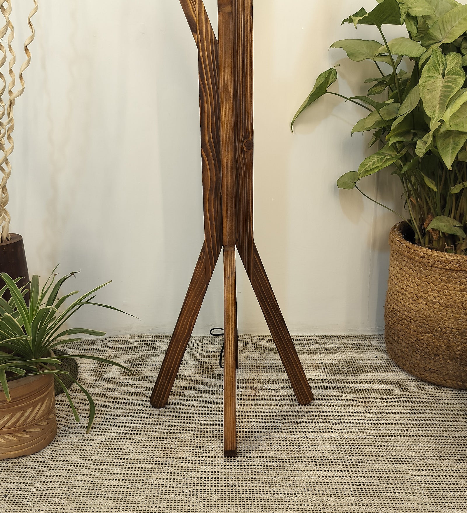 Vrikshya Wooden Floor Lamp with Brown Base and Premium Beige Fabric Lampshade (BULB NOT INCLUDED)