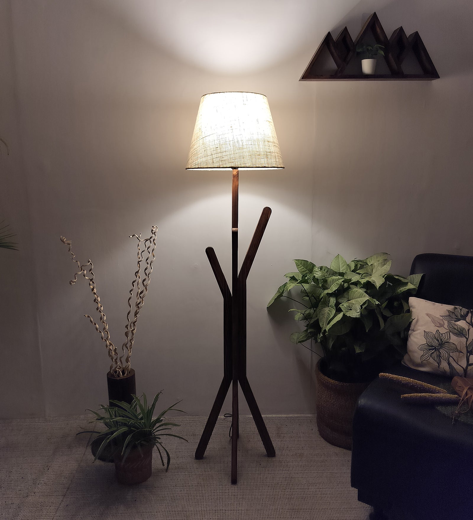 Vrikshya Wooden Floor Lamp with Brown Base and Premium Beige Fabric Lampshade (BULB NOT INCLUDED)