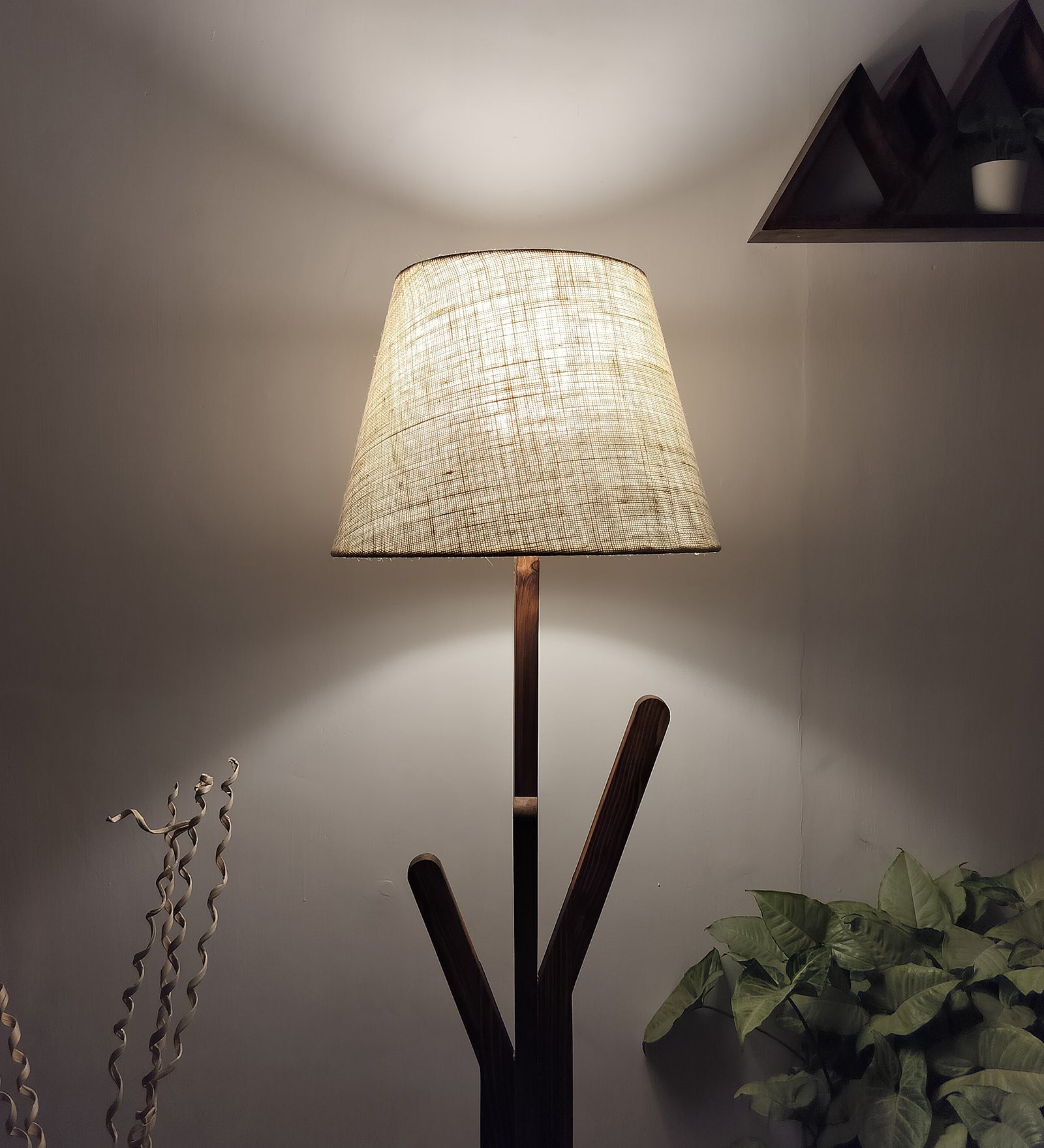 Vrikshya Wooden Floor Lamp with Brown Base and Premium Beige Fabric Lampshade (BULB NOT INCLUDED)