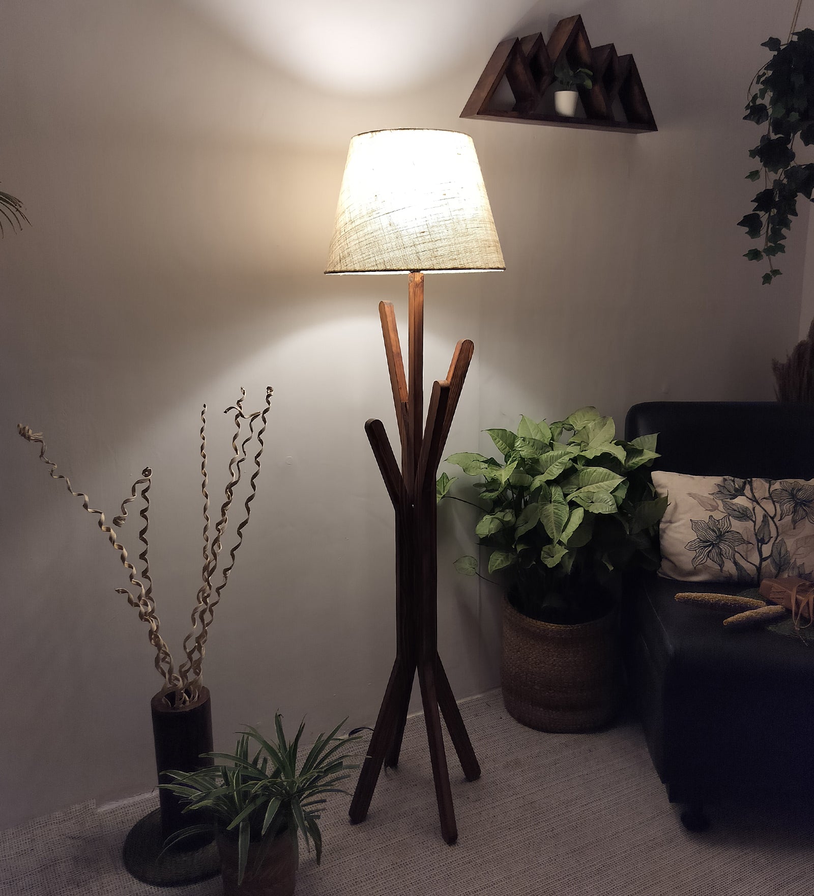 Vrikshya Wooden Floor Lamp with Brown Base and Premium Beige Fabric Lampshade (BULB NOT INCLUDED)