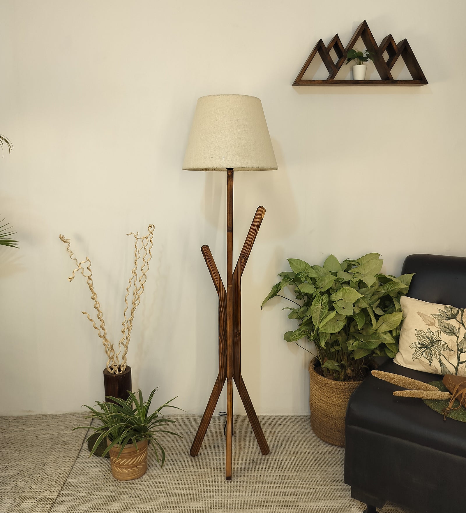 Vrikshya Wooden Floor Lamp with Brown Base and Premium Beige Fabric Lampshade (BULB NOT INCLUDED)