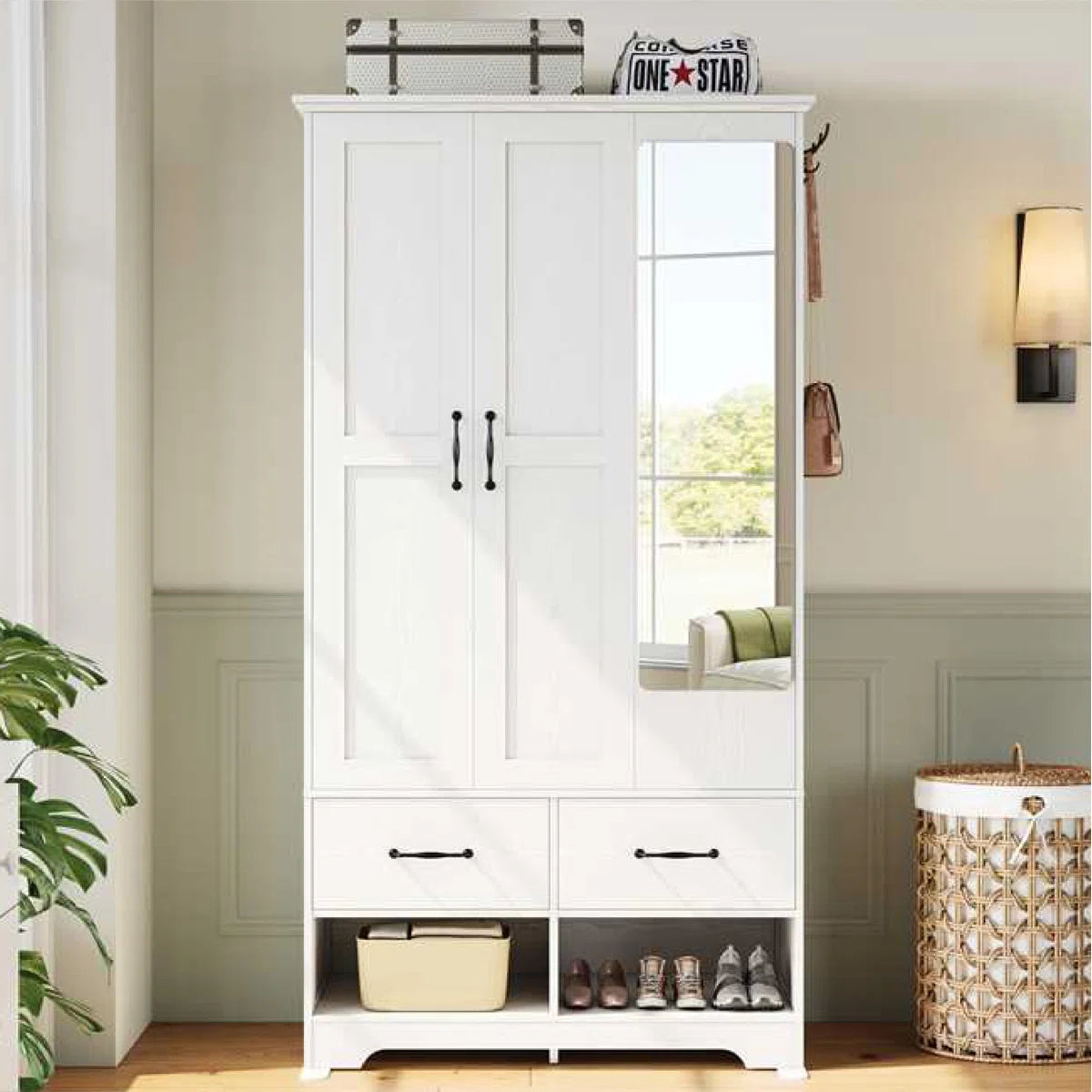 3-door Solid Wood Armoire With Mirror, 2 Drawers, 2 Shoe Racks, 35.4" W × 70.4" H Wardrobe Closet With 6 Shelves, Closet Storage cabinet With Hanging Rod, White