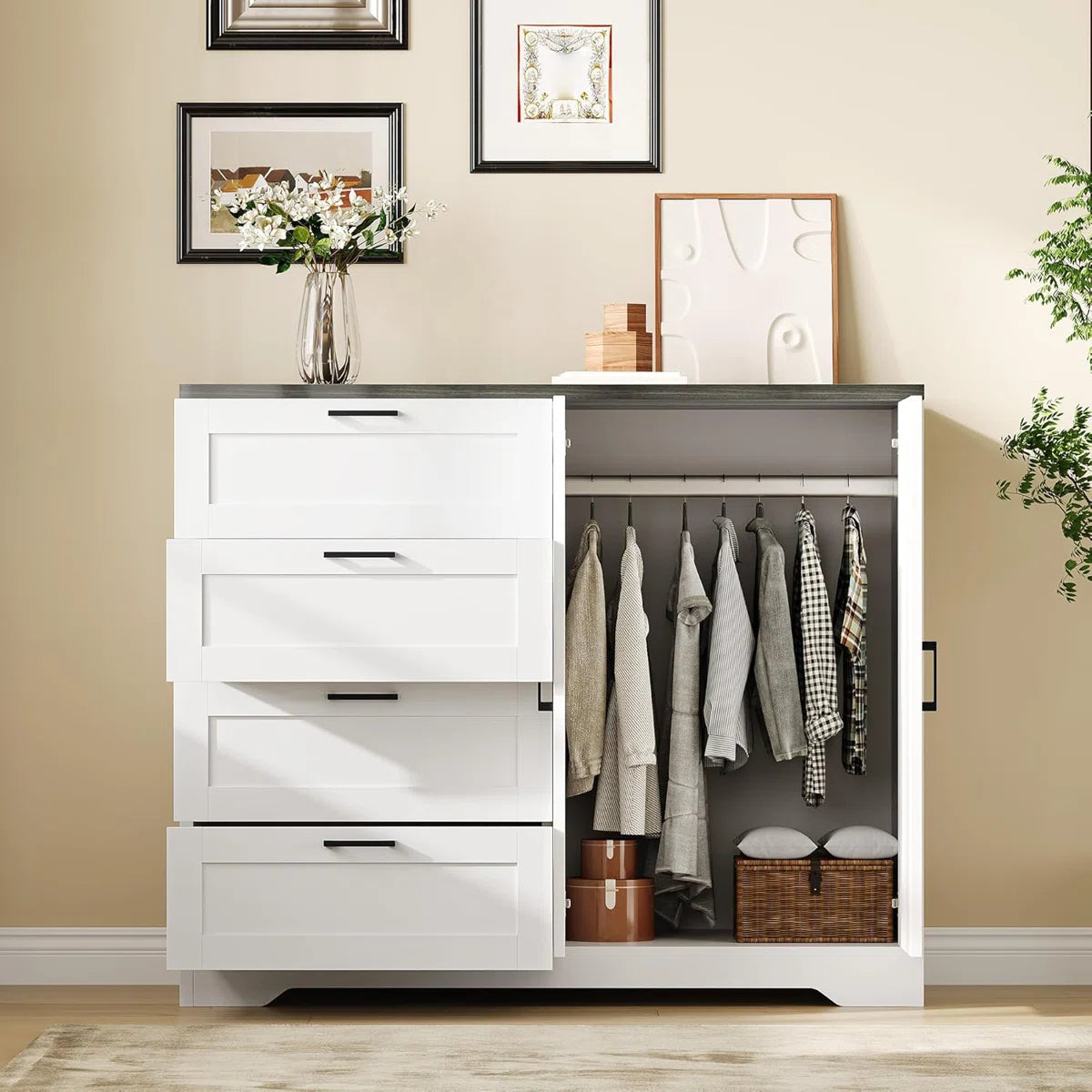 43.3" H Armoire Wardrobe Closet with 4 Drawers and 2 Doors, Hanging Rod, Multifunctional Wooden Dresser with Storage Closet, Bathroom Cabinet for Bedroom