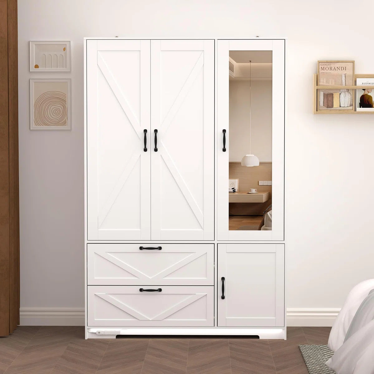 Farmhouse 3 Doors Armoire Wardrobe With 2 Drawers And Adjustable Shelves