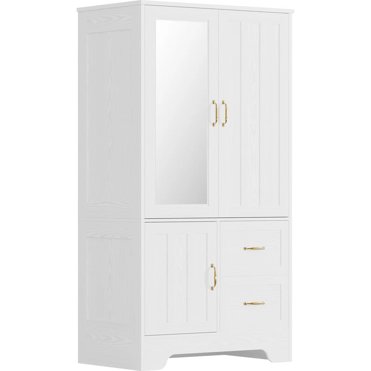 Wardrobe Closet With Mirror And Doors And Drawers And Shelves, Wooden Armoire Storage Cabinet With Hanging Rod For Bedroom, White