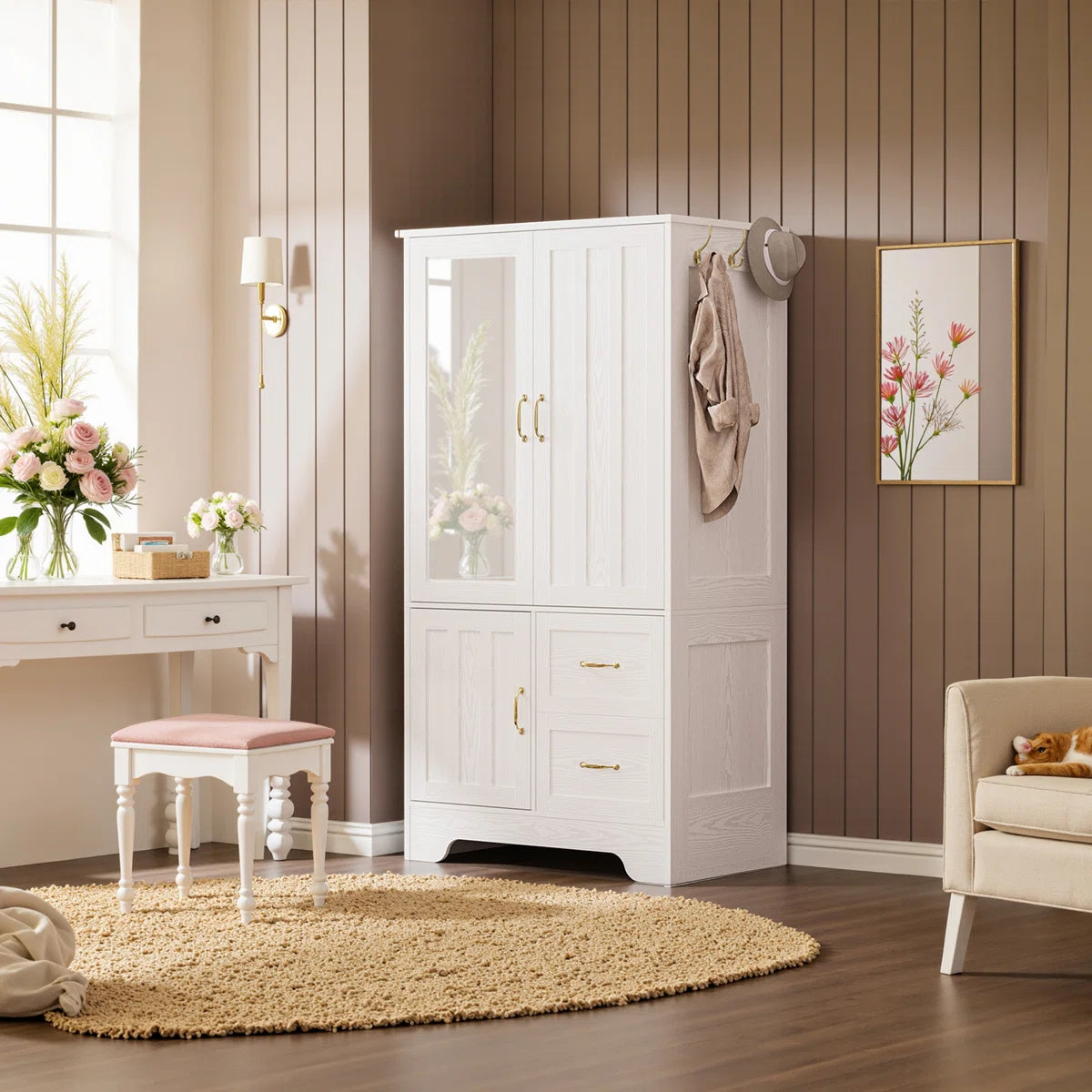 Wardrobe Closet With Mirror And Doors And Drawers And Shelves, Wooden Armoire Storage Cabinet With Hanging Rod For Bedroom, White