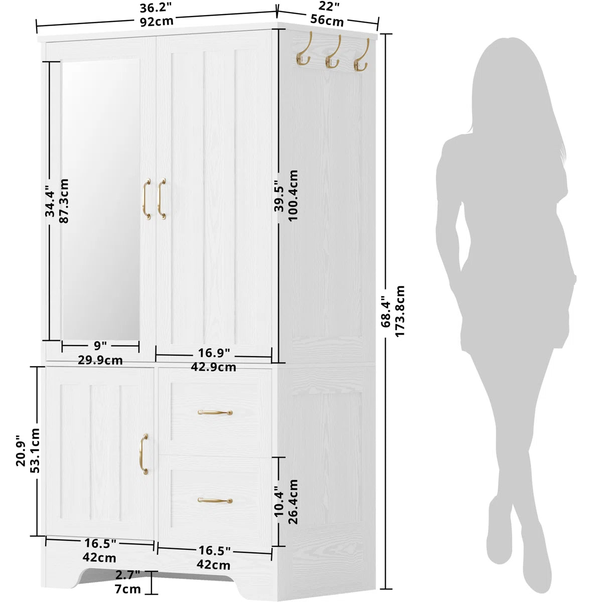 Wardrobe Closet With Mirror And Doors And Drawers And Shelves, Wooden Armoire Storage Cabinet With Hanging Rod For Bedroom, White