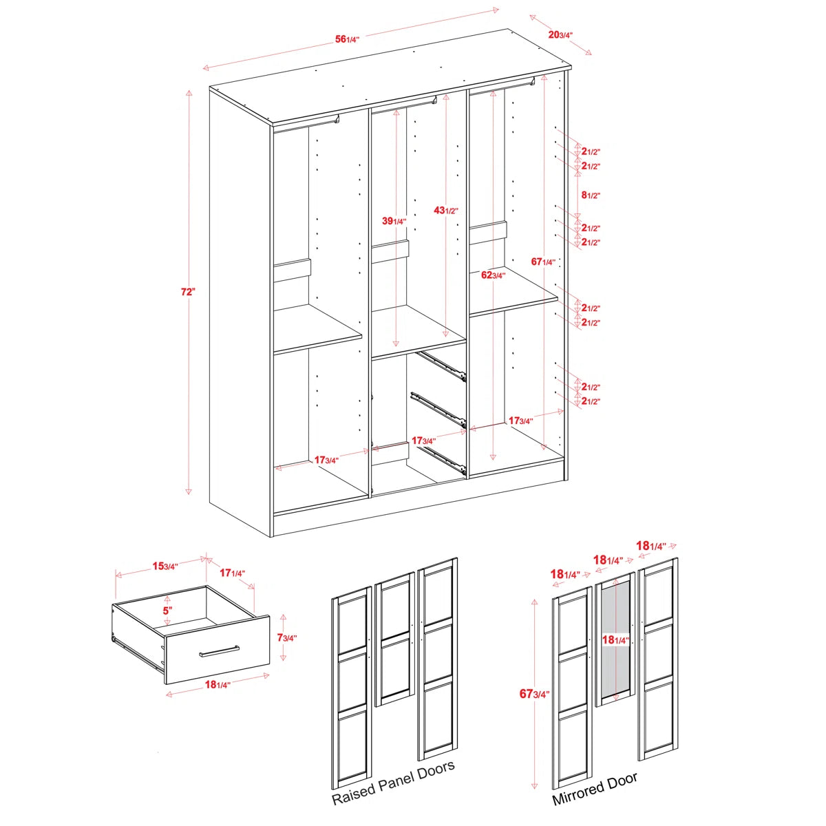 Aveah 100% Solid Wood 3-door Wardrobe Armoire with Mirrored Door