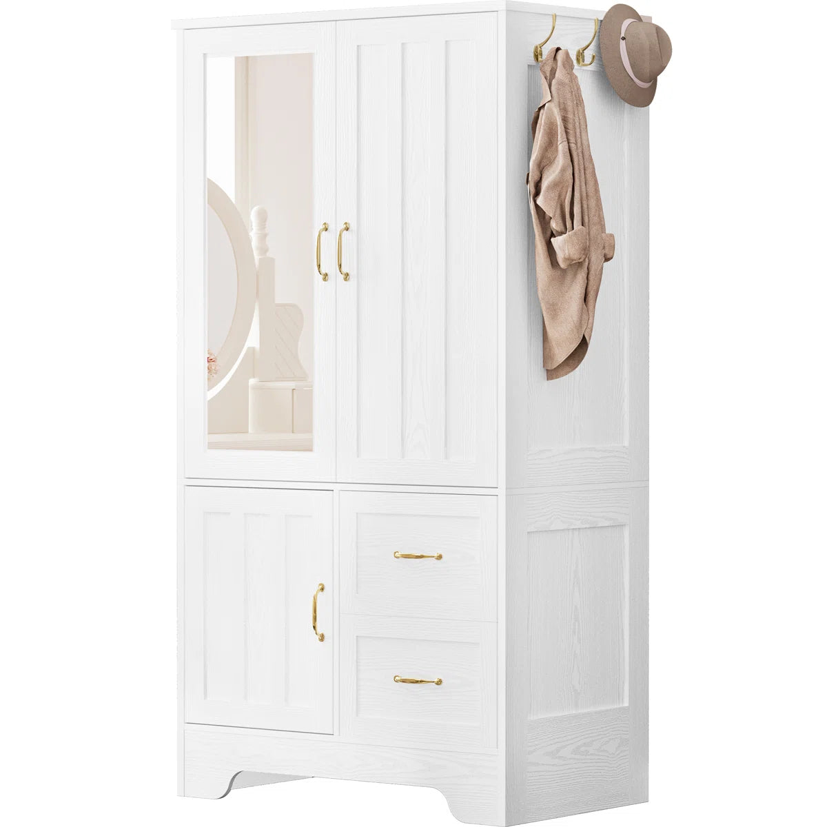 Wardrobe Closet With Mirror And Doors And Drawers And Shelves, Wooden Armoire Storage Cabinet With Hanging Rod For Bedroom, White