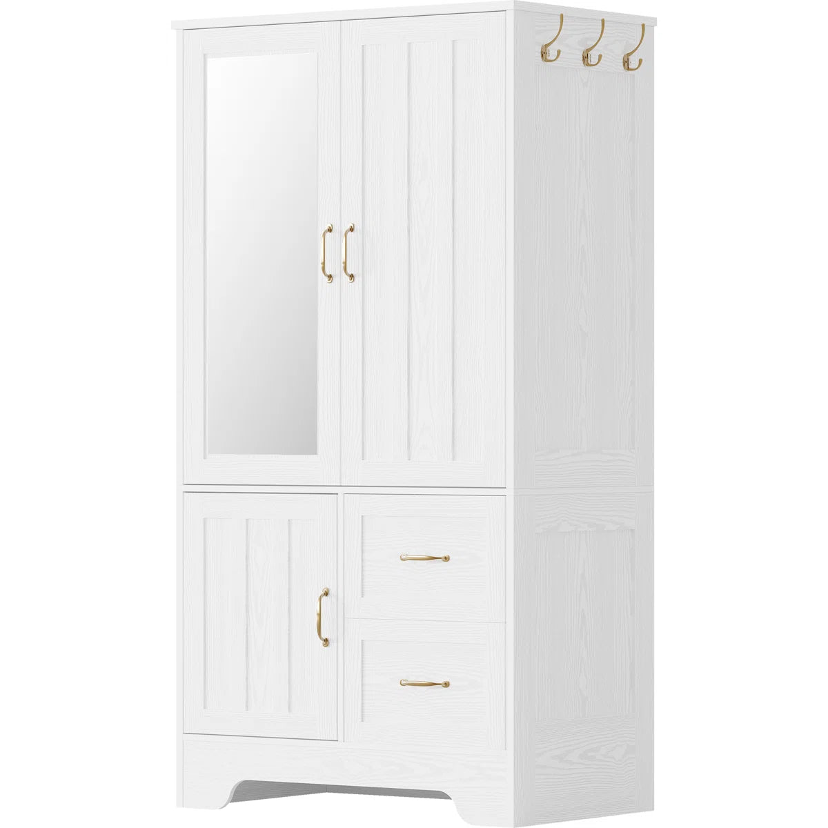 Wardrobe Closet With Mirror And Doors And Drawers And Shelves, Wooden Armoire Storage Cabinet With Hanging Rod For Bedroom, White