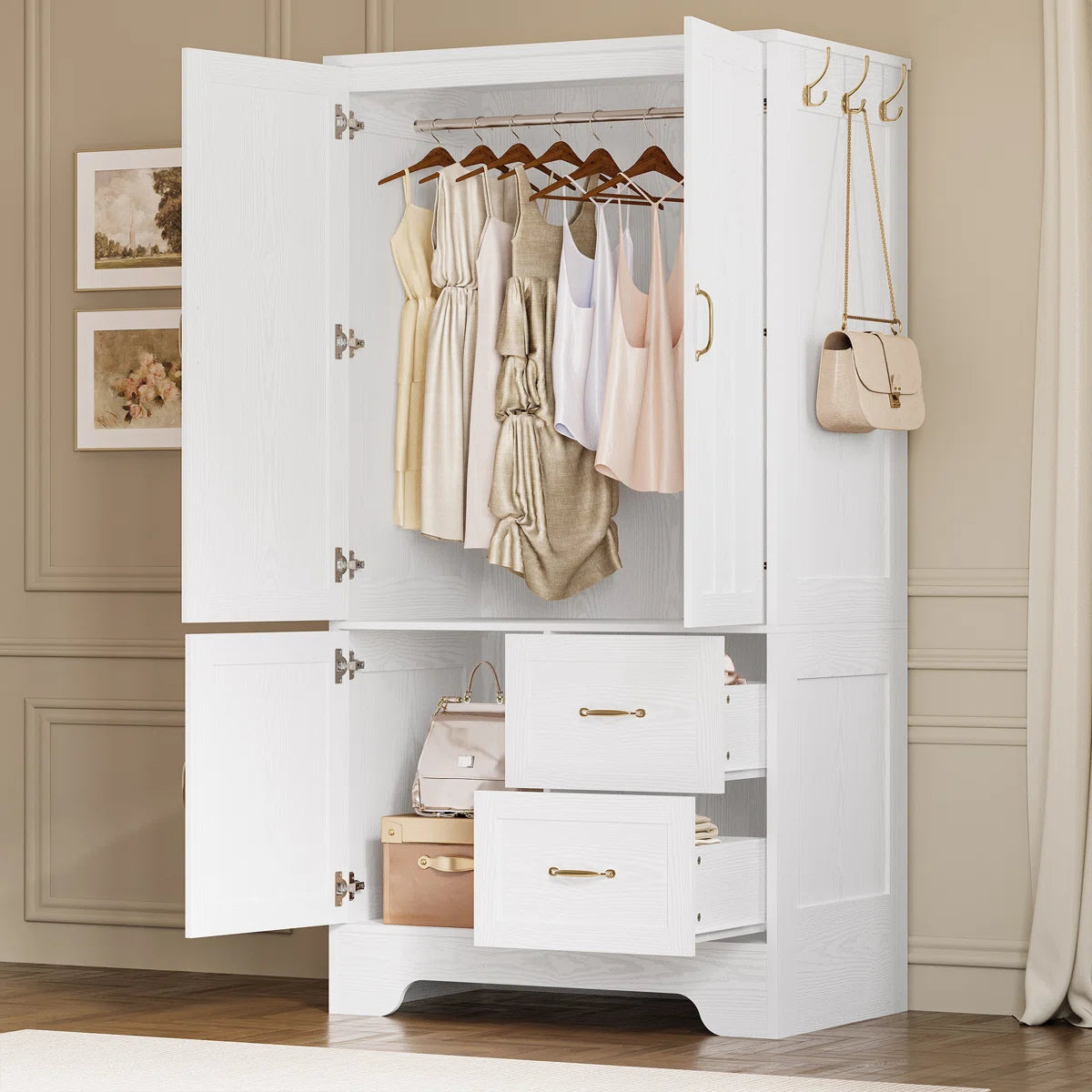 Wardrobe Closet With Mirror And Doors And Drawers And Shelves, Wooden Armoire Storage Cabinet With Hanging Rod For Bedroom, White