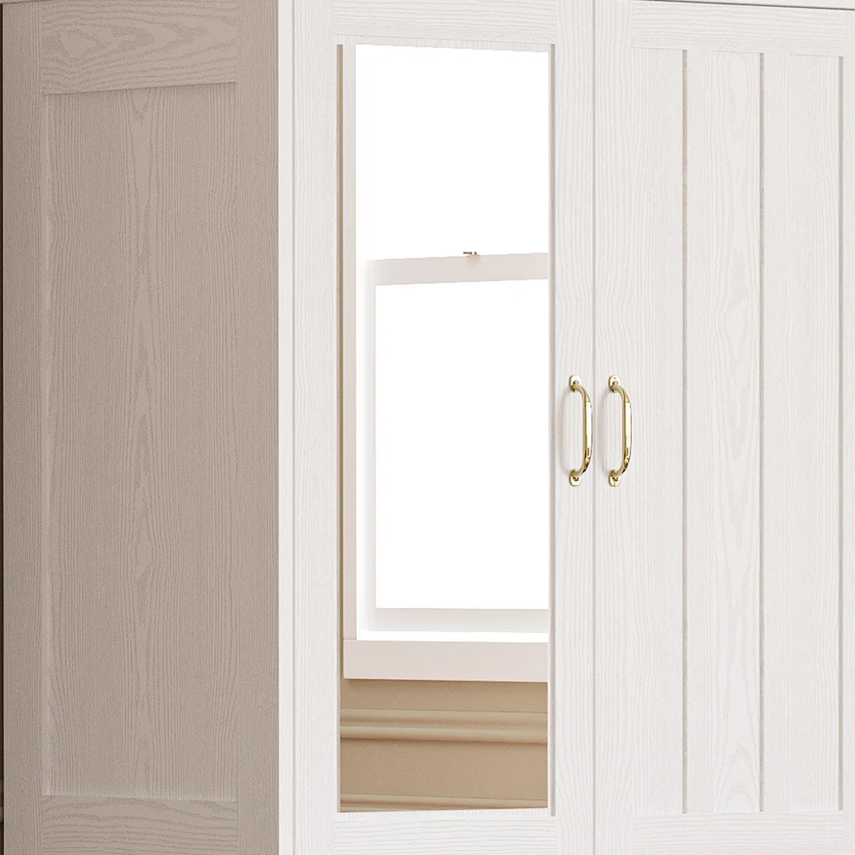 Wardrobe Closet With Mirror And Doors And Drawers And Shelves, Wooden Armoire Storage Cabinet With Hanging Rod For Bedroom, White