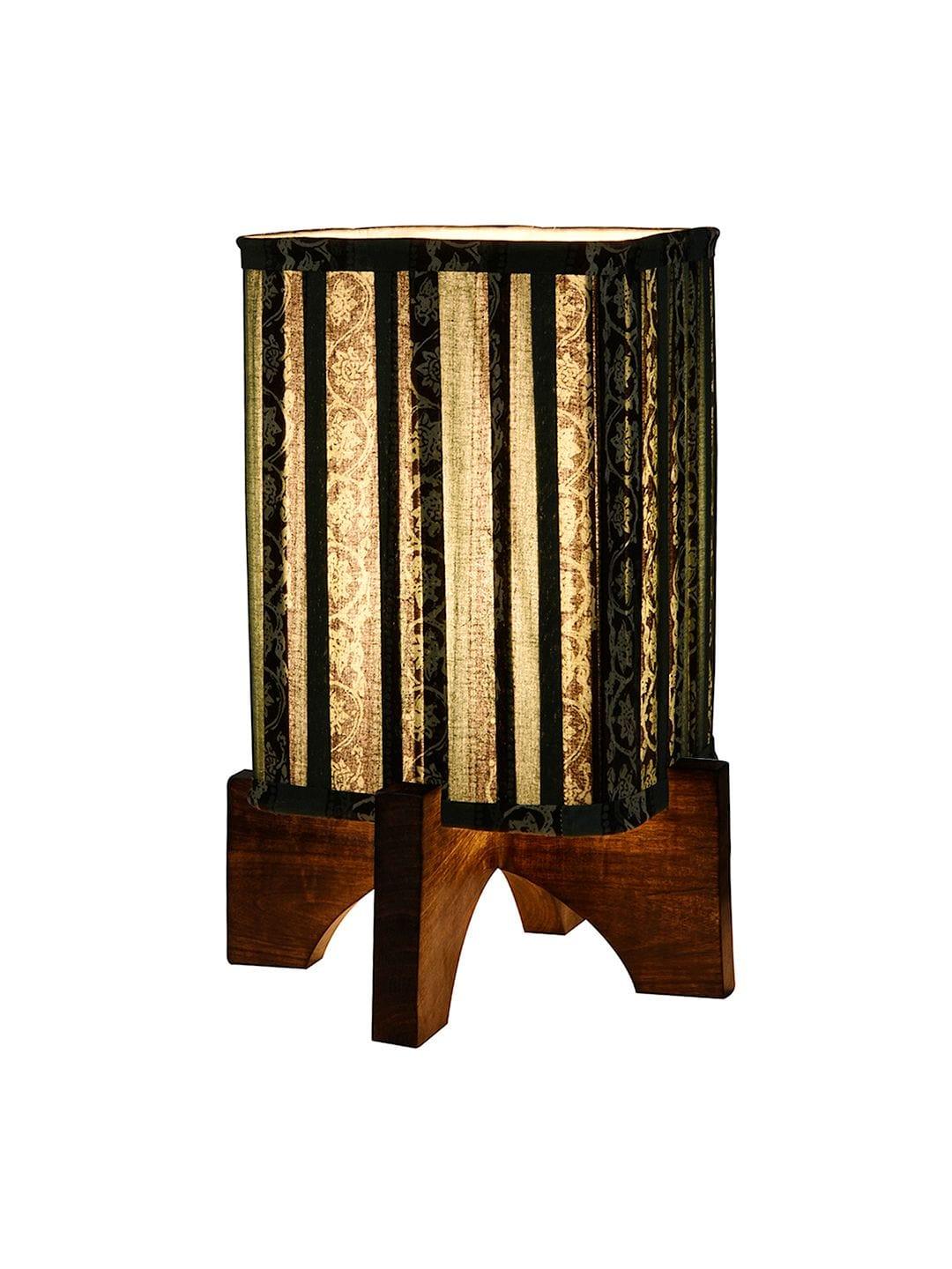 Wooden Brown Base Lamp with pleeted Green Blockprint Soft Shade - Ouch Cart 