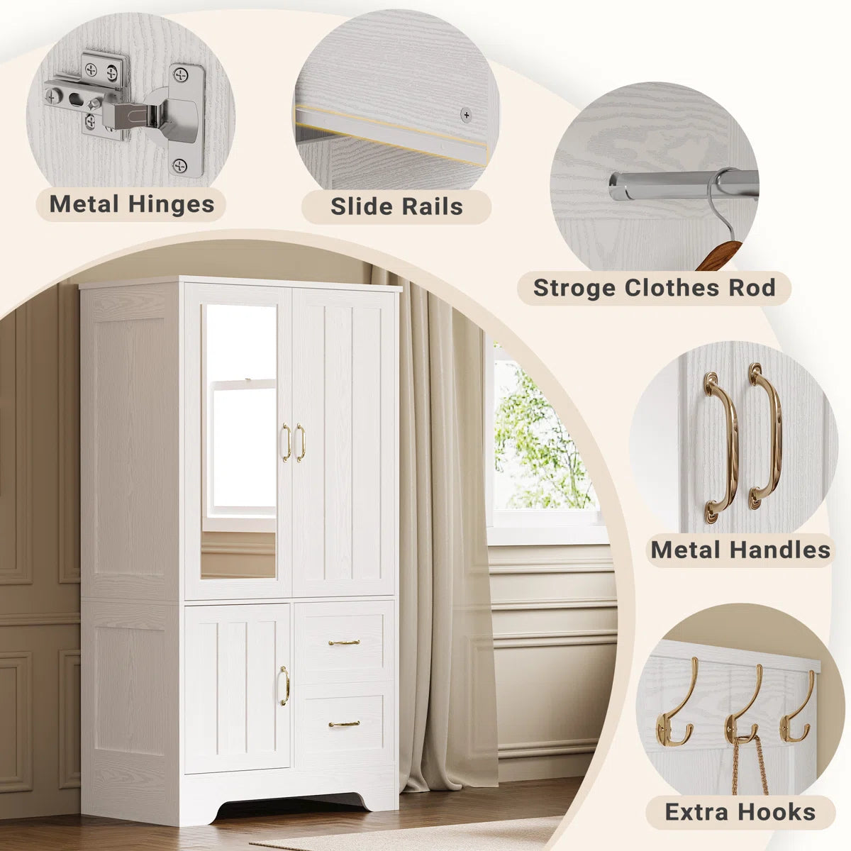 Wardrobe Closet With Mirror And Doors And Drawers And Shelves, Wooden Armoire Storage Cabinet With Hanging Rod For Bedroom, White