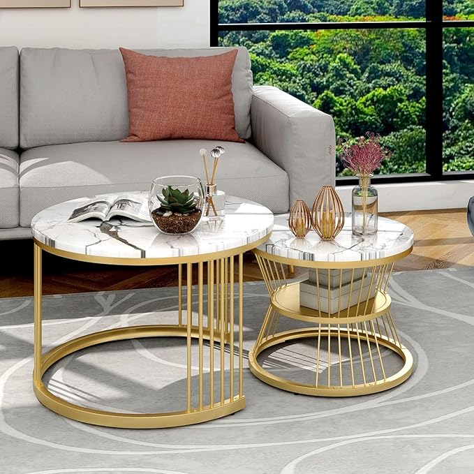 Shop Round Modern Nesting Coffee Table Set of 2 at Ouch Cart! Features marble veneer tops & sturdy metal frames—buy now at a heavy discount to elevate any space!- OUCHCART