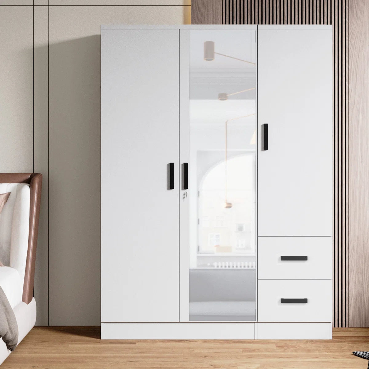 Wooden 2 Drawers 3 Doors Wardrobe Armoire With Mirror