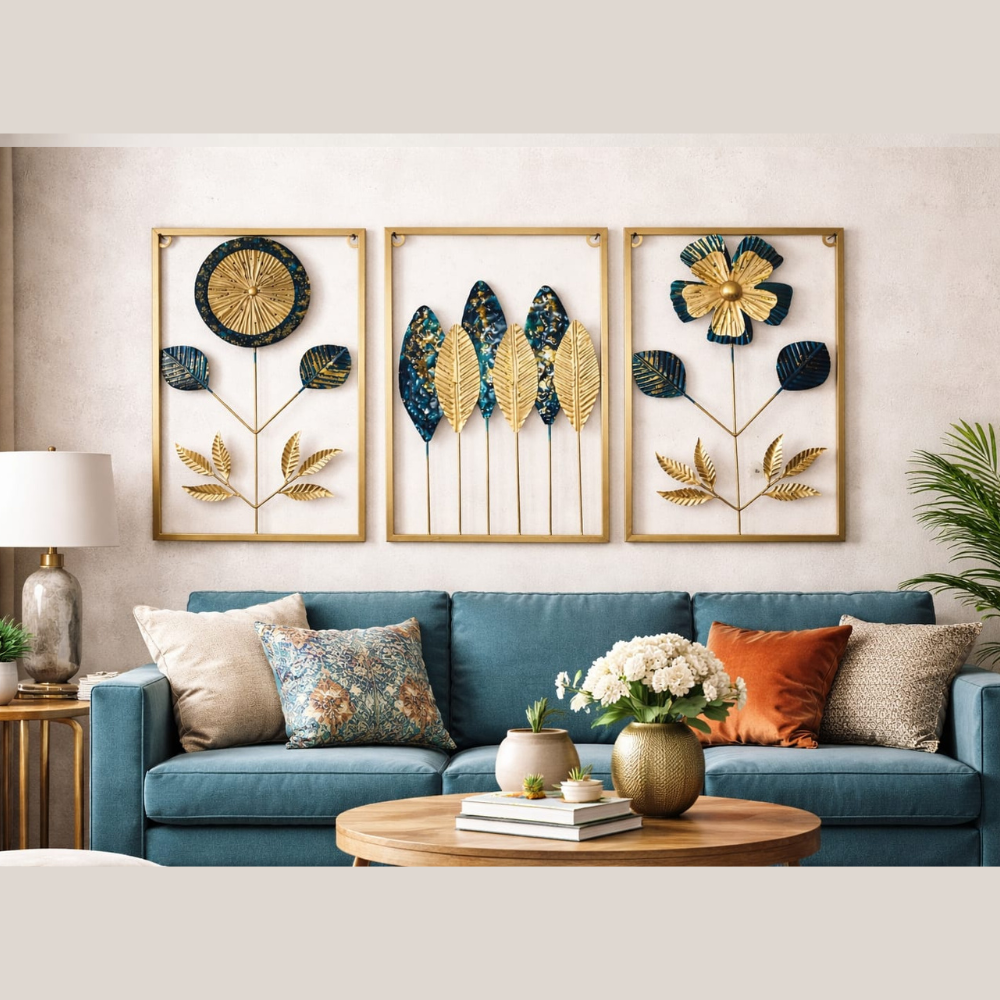 Metal Wall art for Living Room Multicolor Gold and Blue Flower Wall Art Set of 3 Panels Modern Metal Wall Hanging Decoration Item for Bedroom Hall Office Home Interior (Large Size)