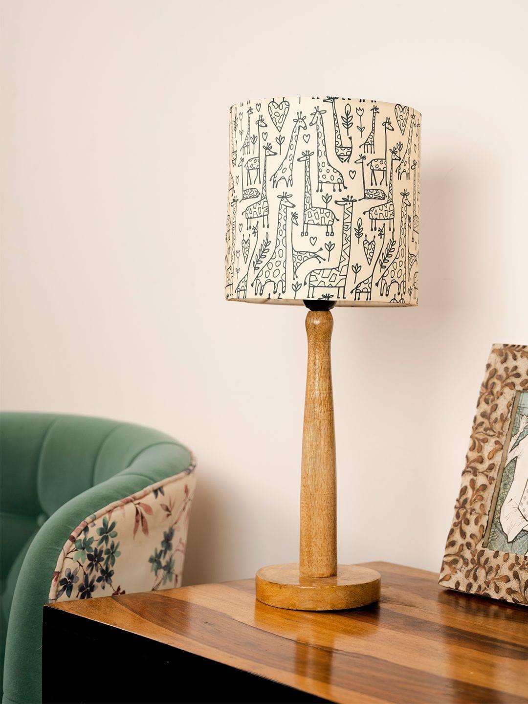 Wooden Brown Table Lamp with Animal Print Shade - Ouch Cart 