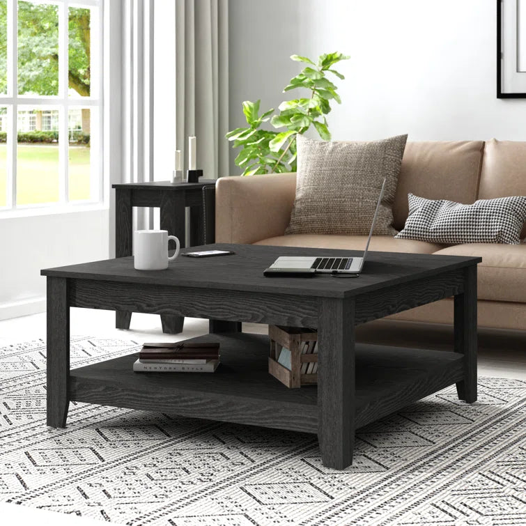 Square Wooden Coffee Table with Open Shelf