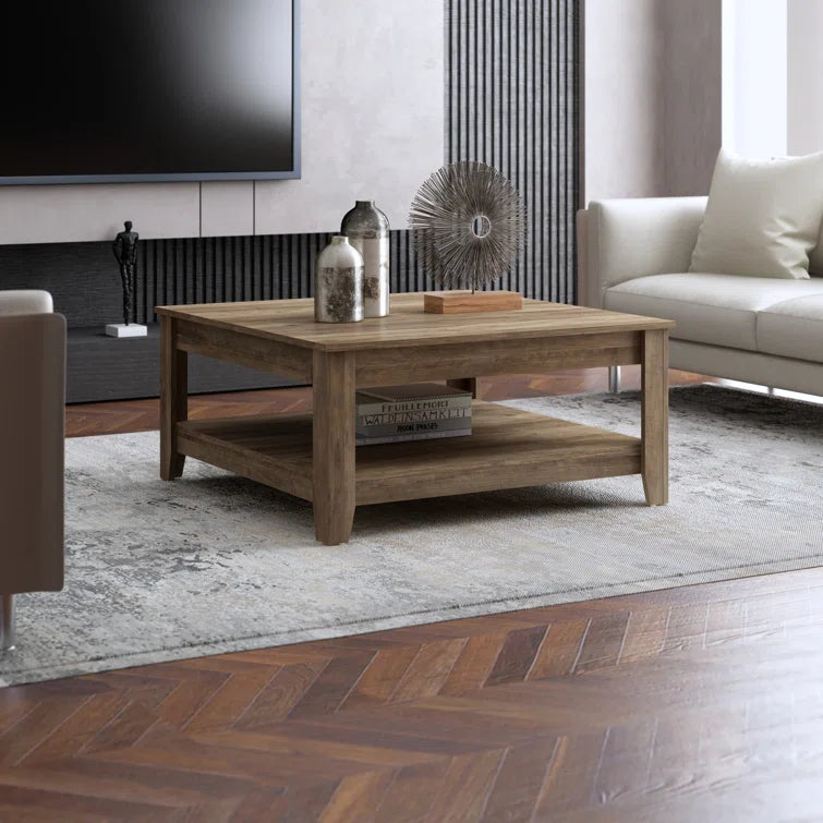 Square Wooden Coffee Table with Open Shelf