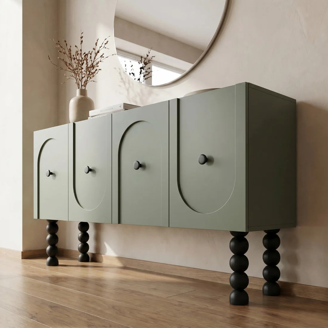 Modern Sage Green Sideboard Cabinet with 4 Doors