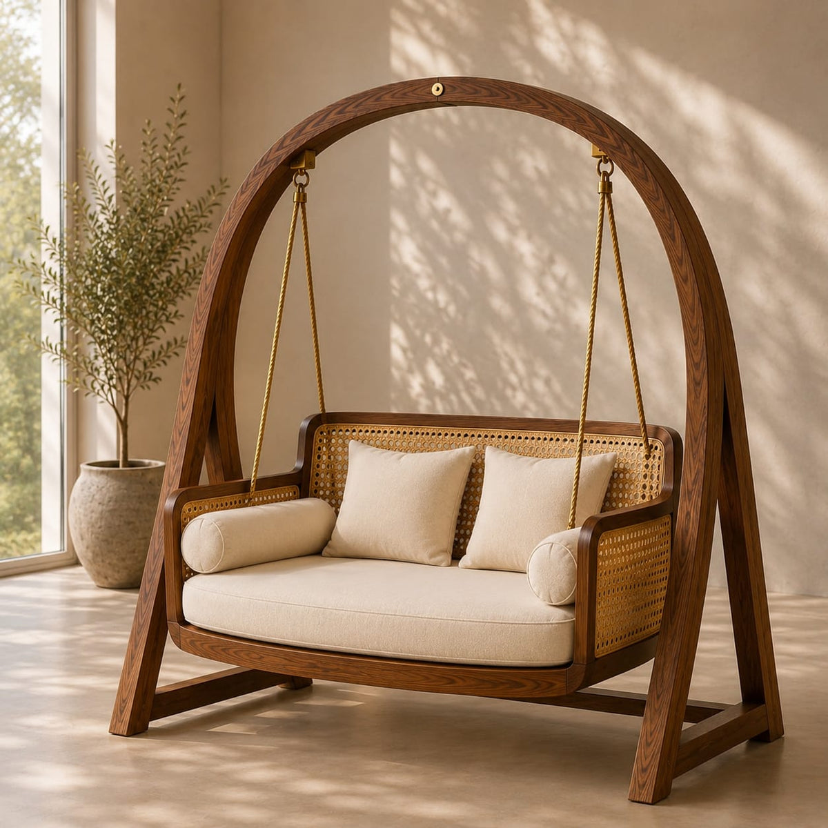 Solid Wood Wooden Swing Chair with Cane Backrest & Cream Cushions