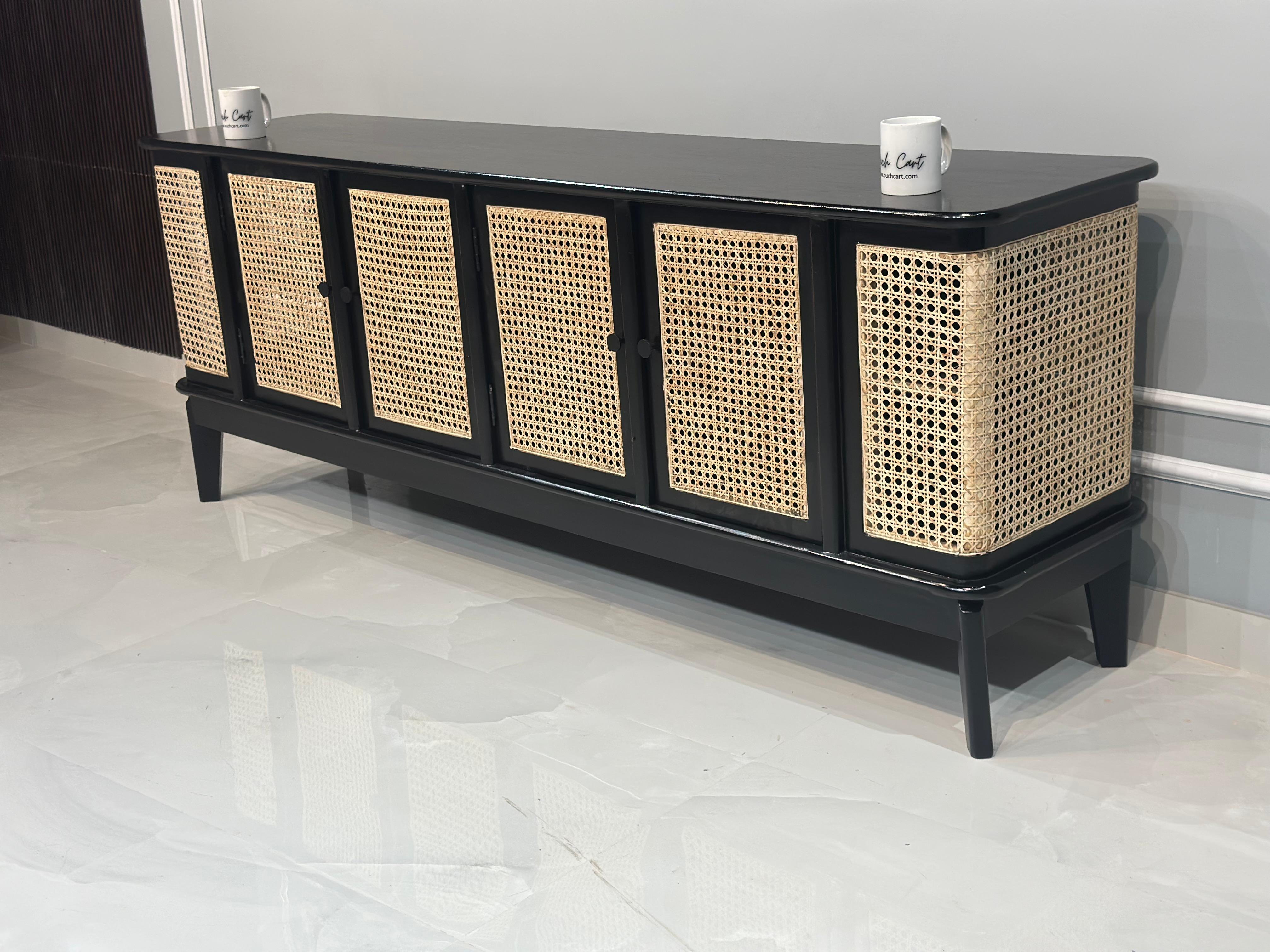 Chic Teak Wood & Rattan Black Sideboard – Stylish Storage Piece