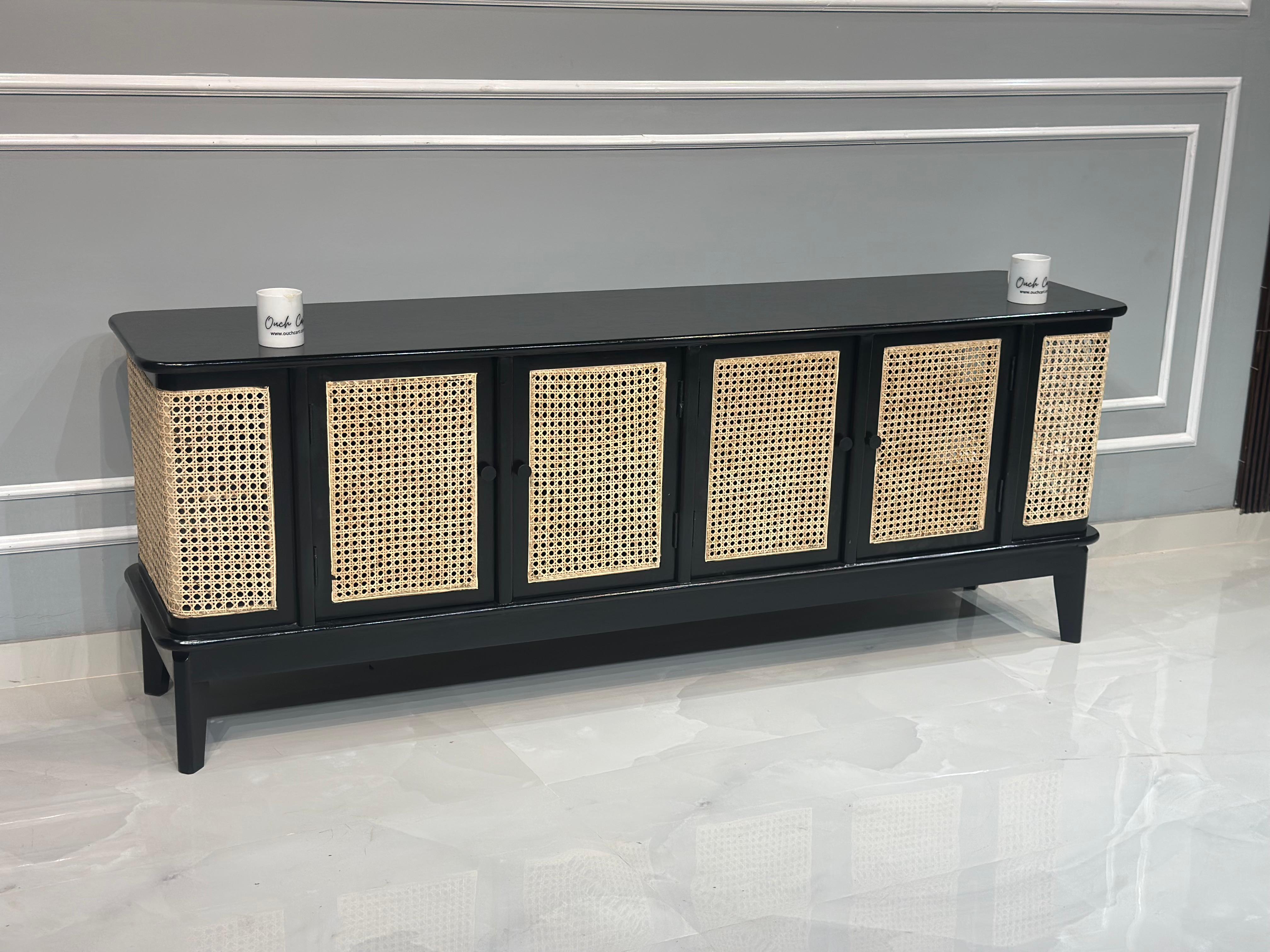 Chic Teak Wood & Rattan Black Sideboard – Stylish Storage Piece