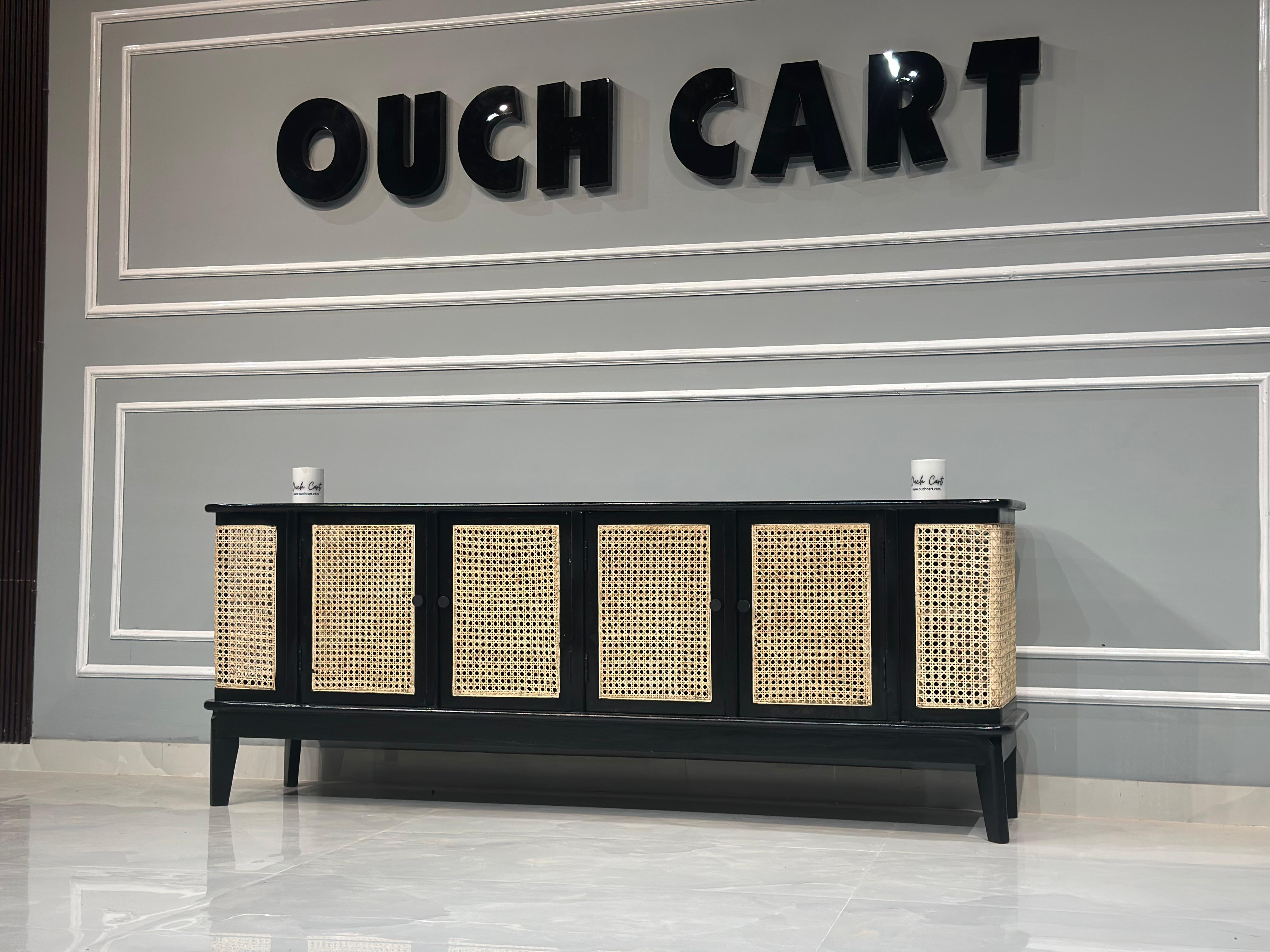 Chic Teak Wood & Rattan Black Sideboard – Stylish Storage Piece