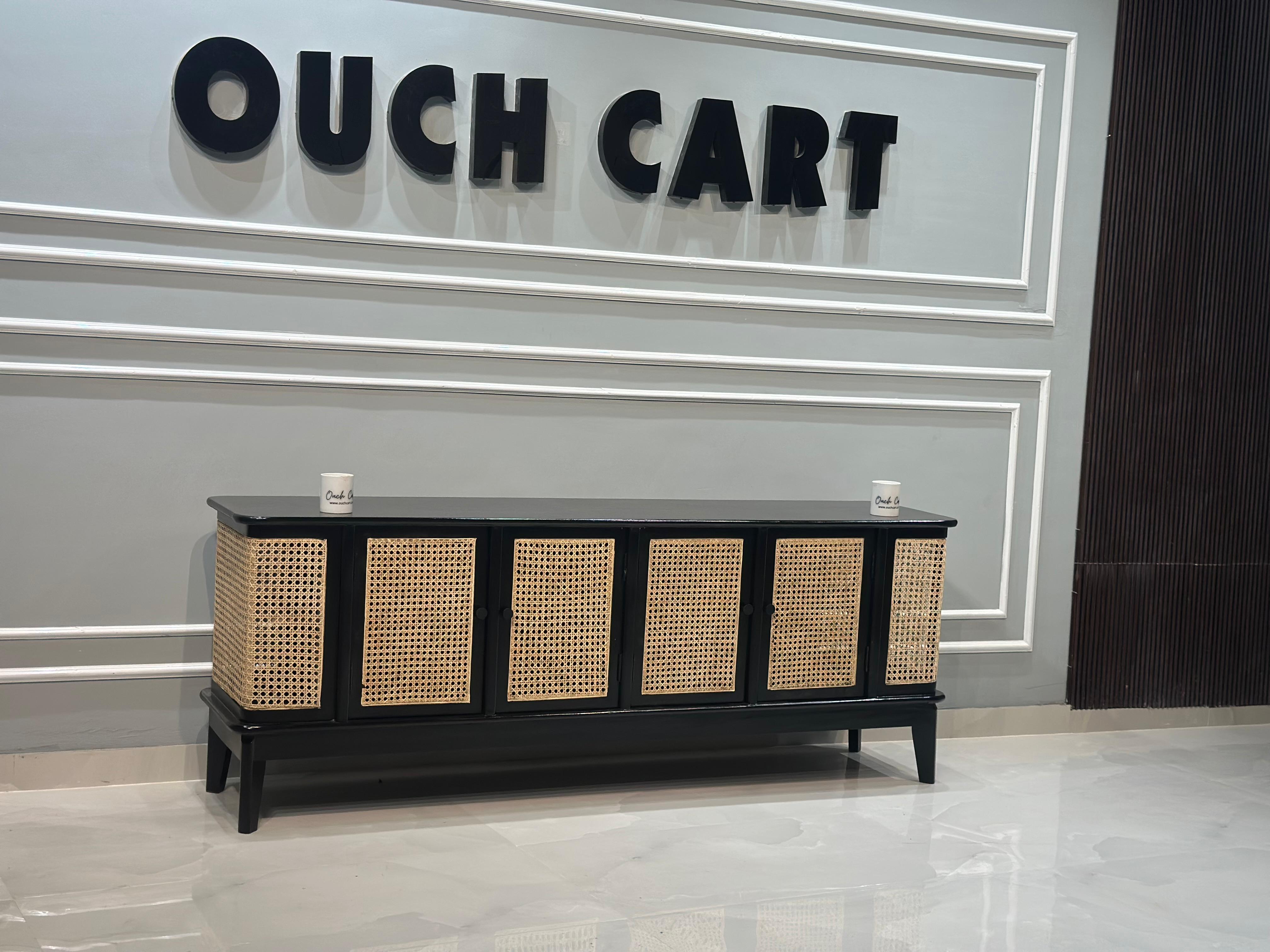 Chic Teak Wood & Rattan Black Sideboard – Stylish Storage Piece