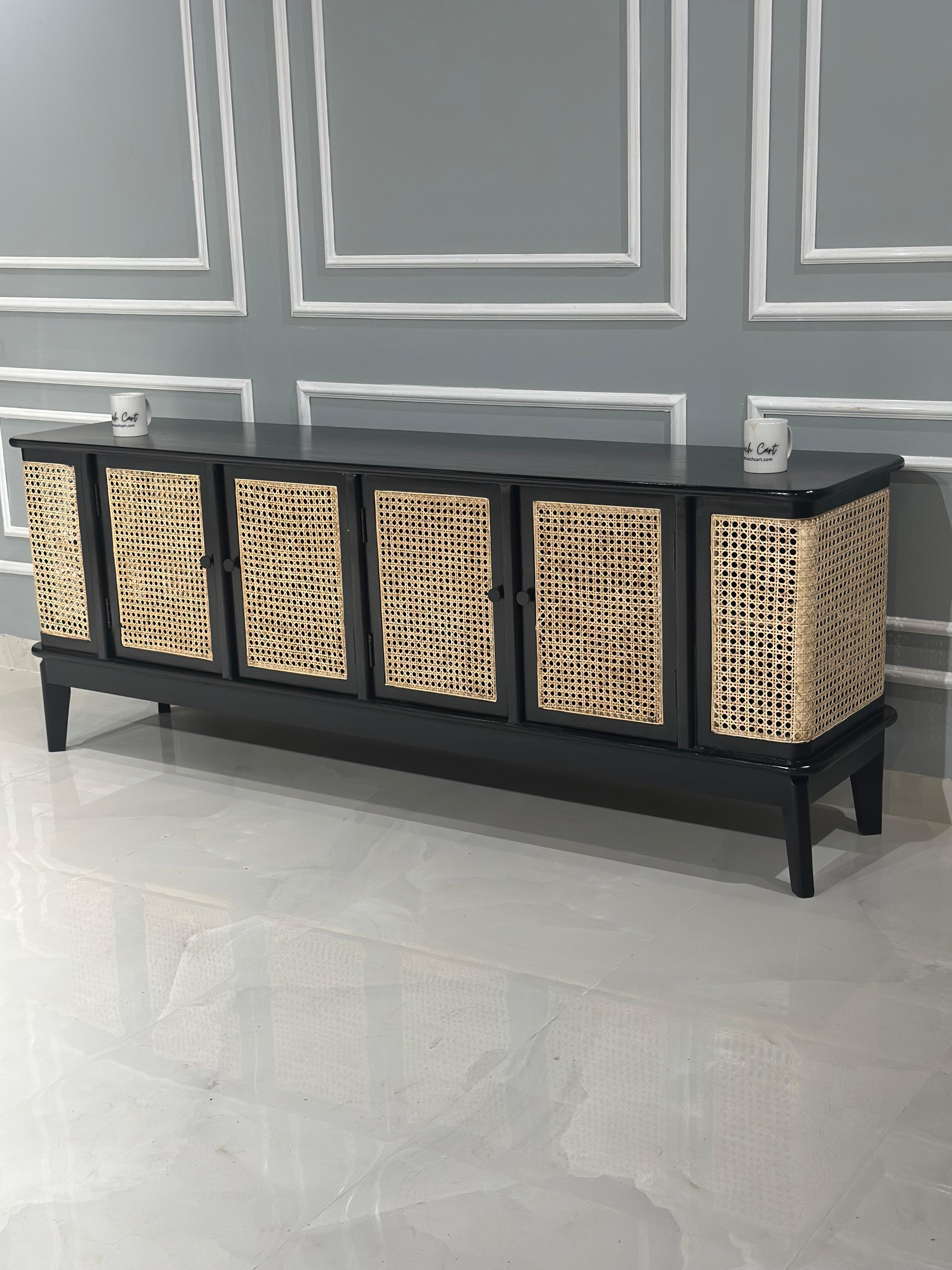 Chic Teak Wood & Rattan Black Sideboard – Stylish Storage Piece