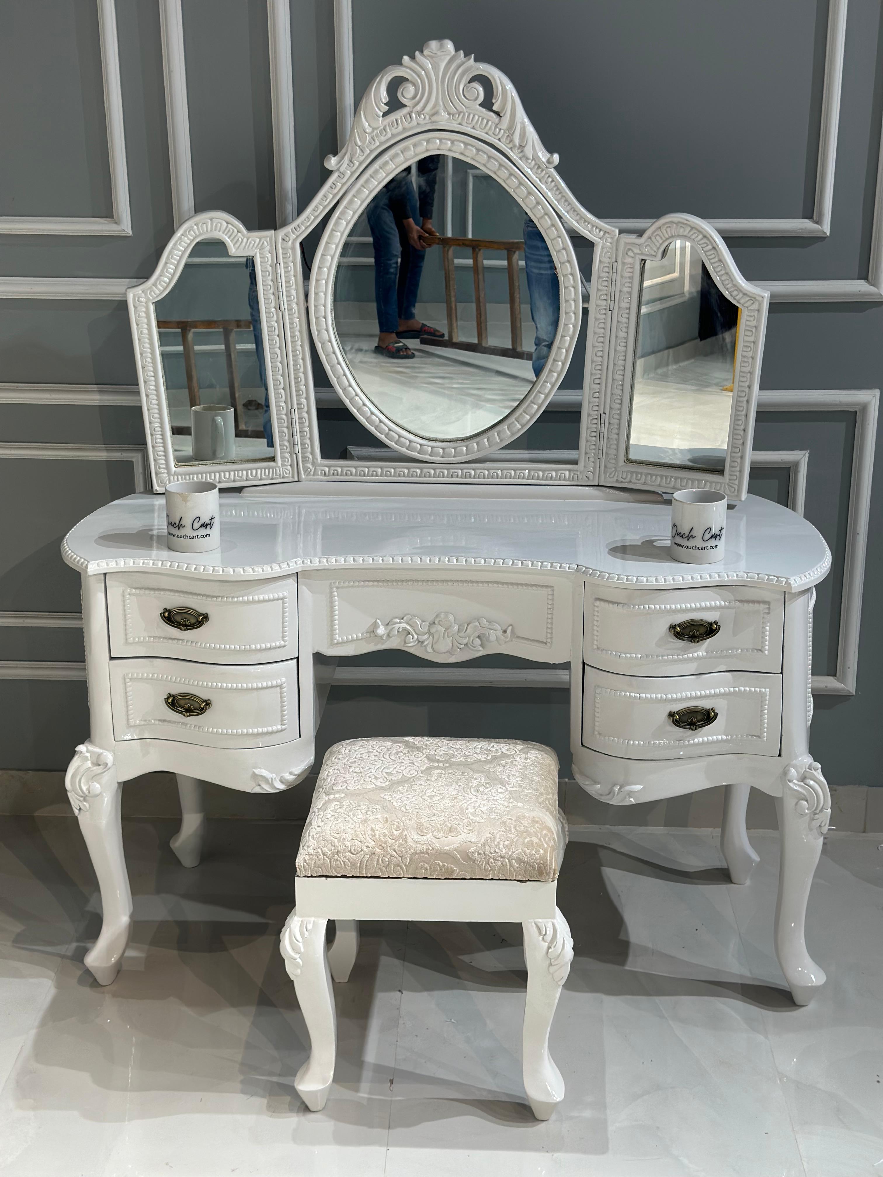 Ktaxon Vanity Make Up Table White Dressing Table Set with Stool 5 Drawer and 3 Foldable Mirror with Led Lights