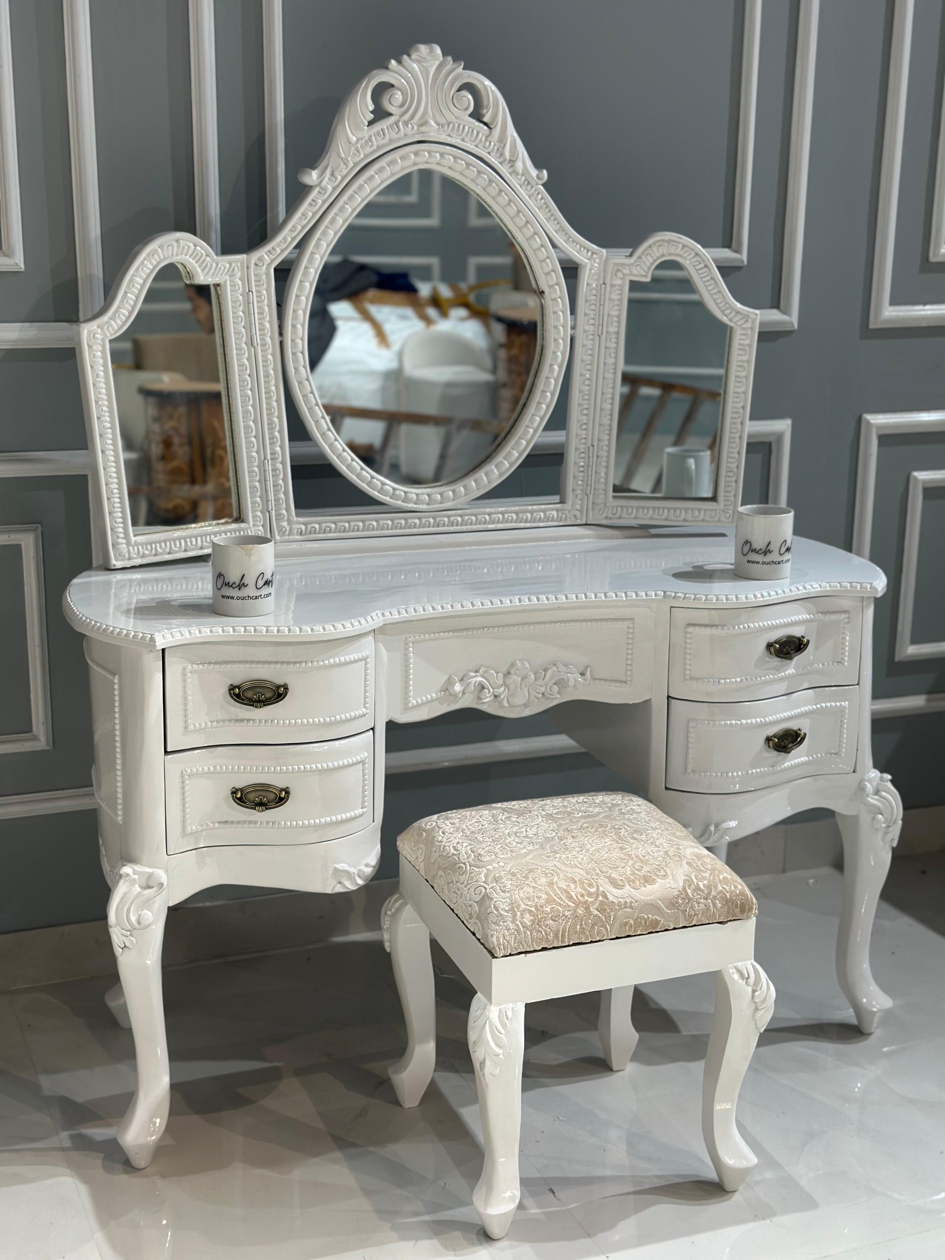 Ktaxon Vanity Make Up Table White Dressing Table Set with Stool 5 Drawer and 3 Foldable Mirror with Led Lights