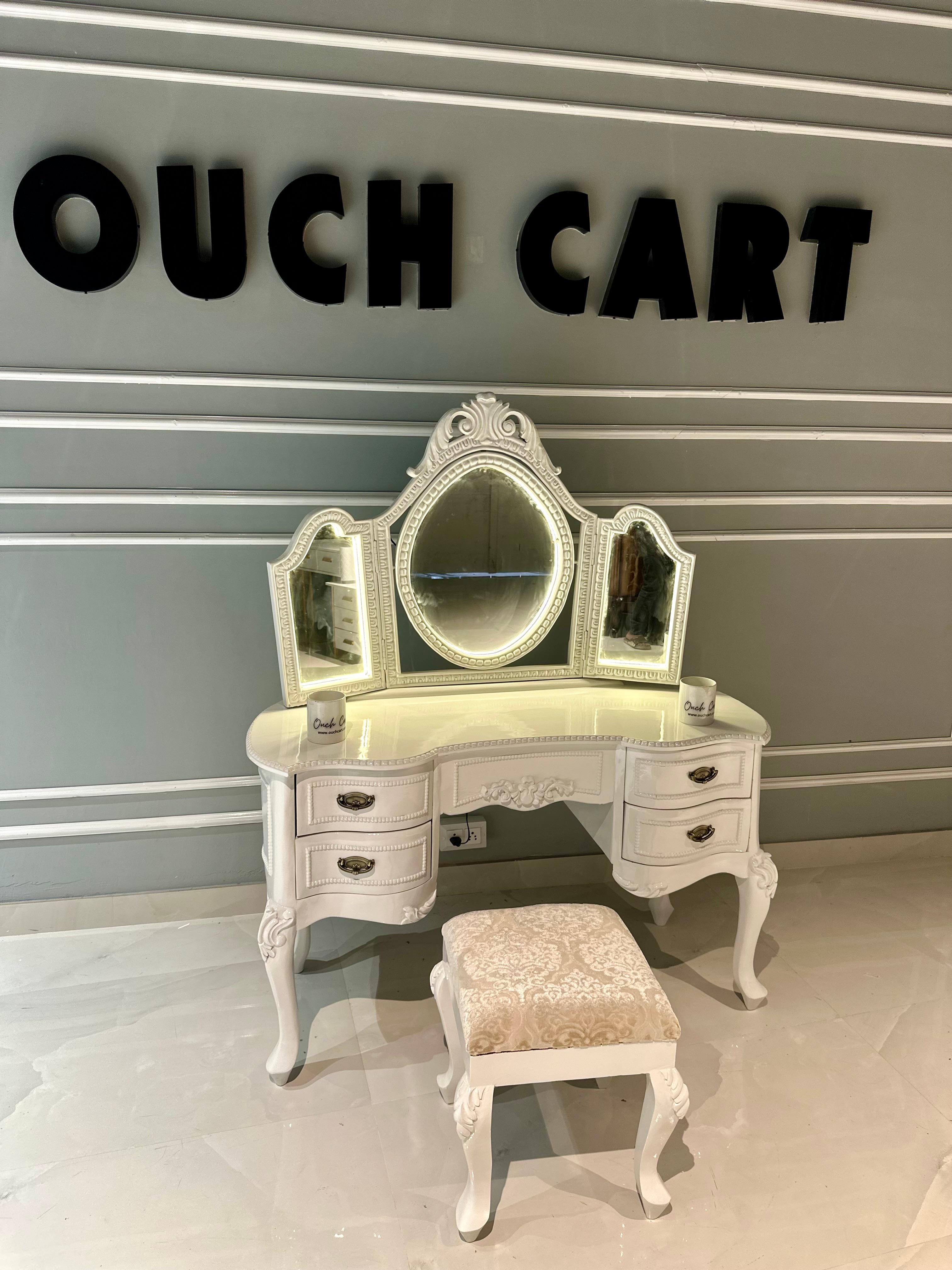 Ktaxon Vanity Make Up Table White Dressing Table Set with Stool 5 Drawer and 3 Foldable Mirror with Led Lights