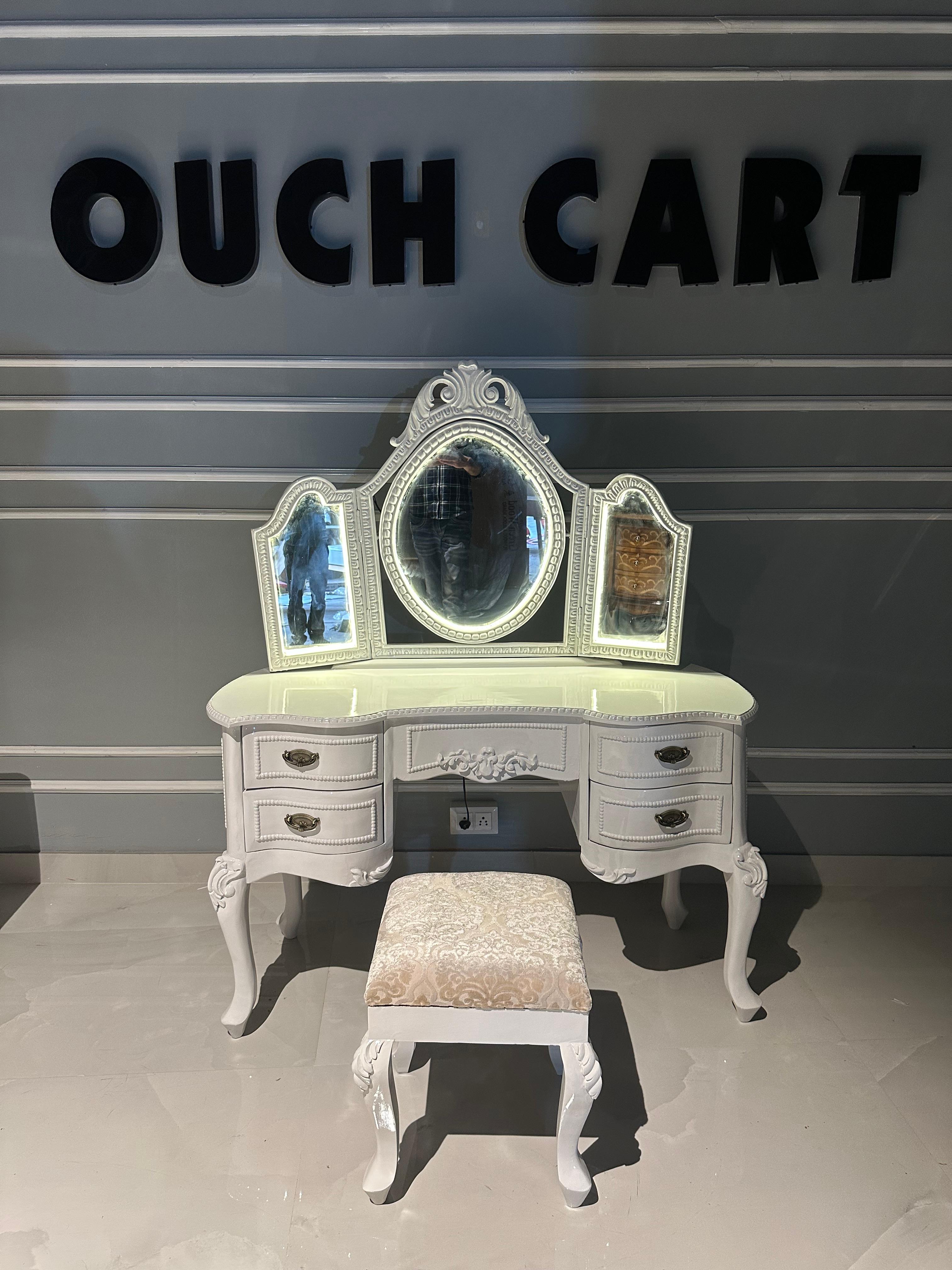 Ktaxon Vanity Make Up Table White Dressing Table Set with Stool 5 Drawer and 3 Foldable Mirror with Led Lights