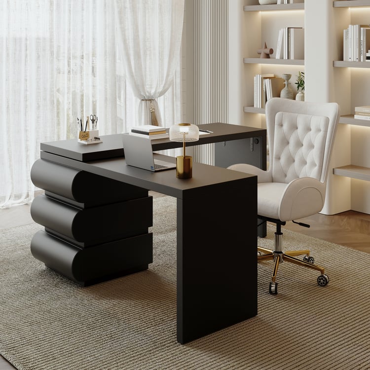  Modern Cream L-Shaped Computer Desk with Reversible Corner Design & PU Leather Storage Drawers