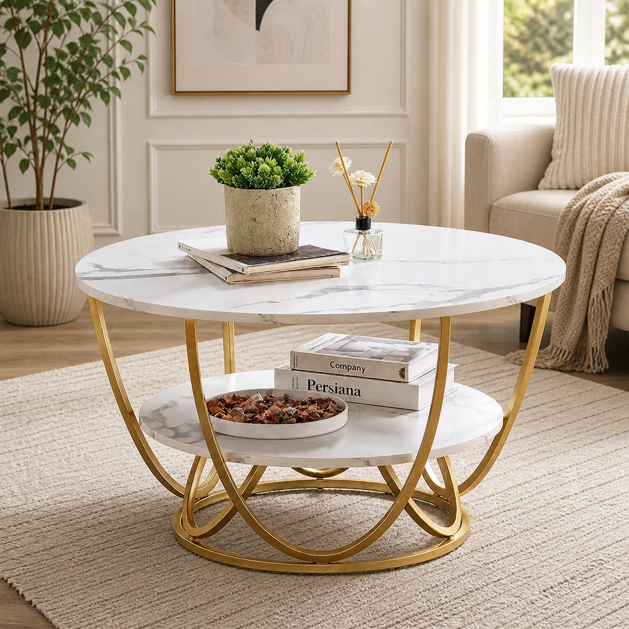 Round Gold Coffee Table,2 Tier Coffee Tables for Living Room