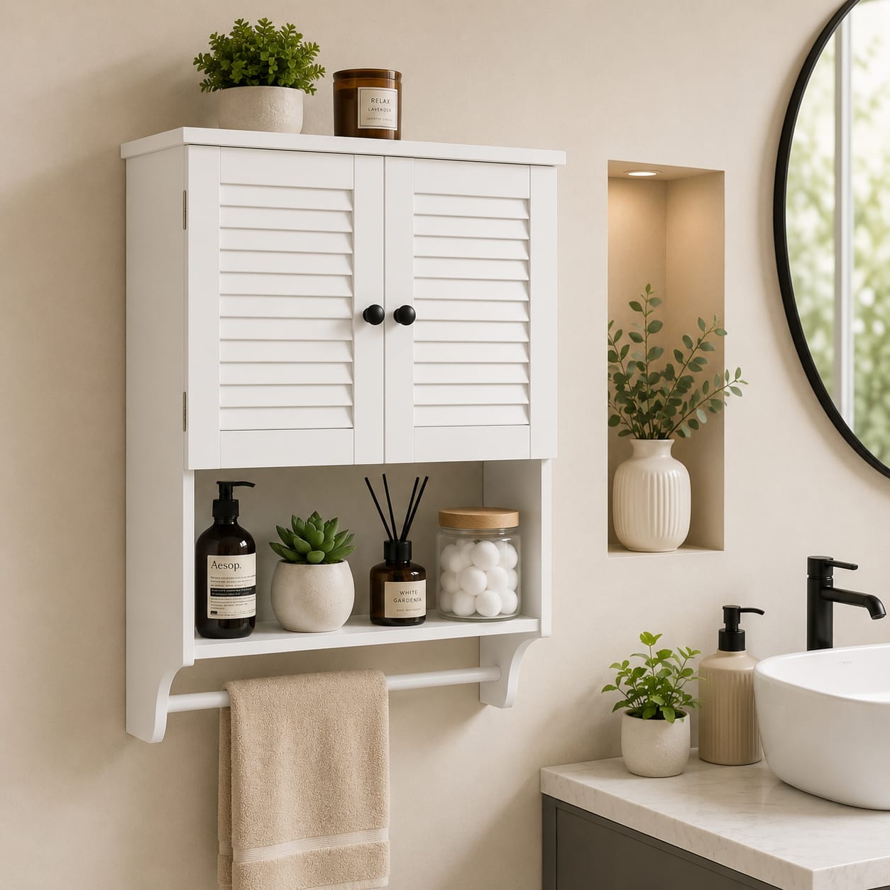 Wall Mounted Bathroom Storage Cabinet with Towel Bar