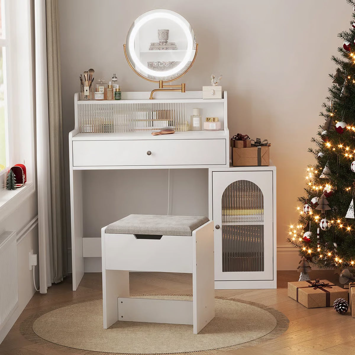 White Vanity Desk with 360° Rotated Mirror -OUCH CART |Dressing table