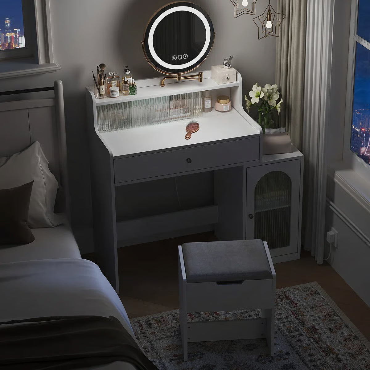 White Vanity Desk with 360° Rotated Mirror and Adjustable Lights, Girls Makeup Vanity Table with Storage Chair