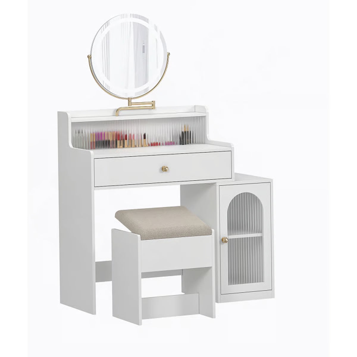 White Vanity Desk with 360° Rotated Mirror and Adjustable Lights, Girls Makeup Vanity Table with Storage Chair