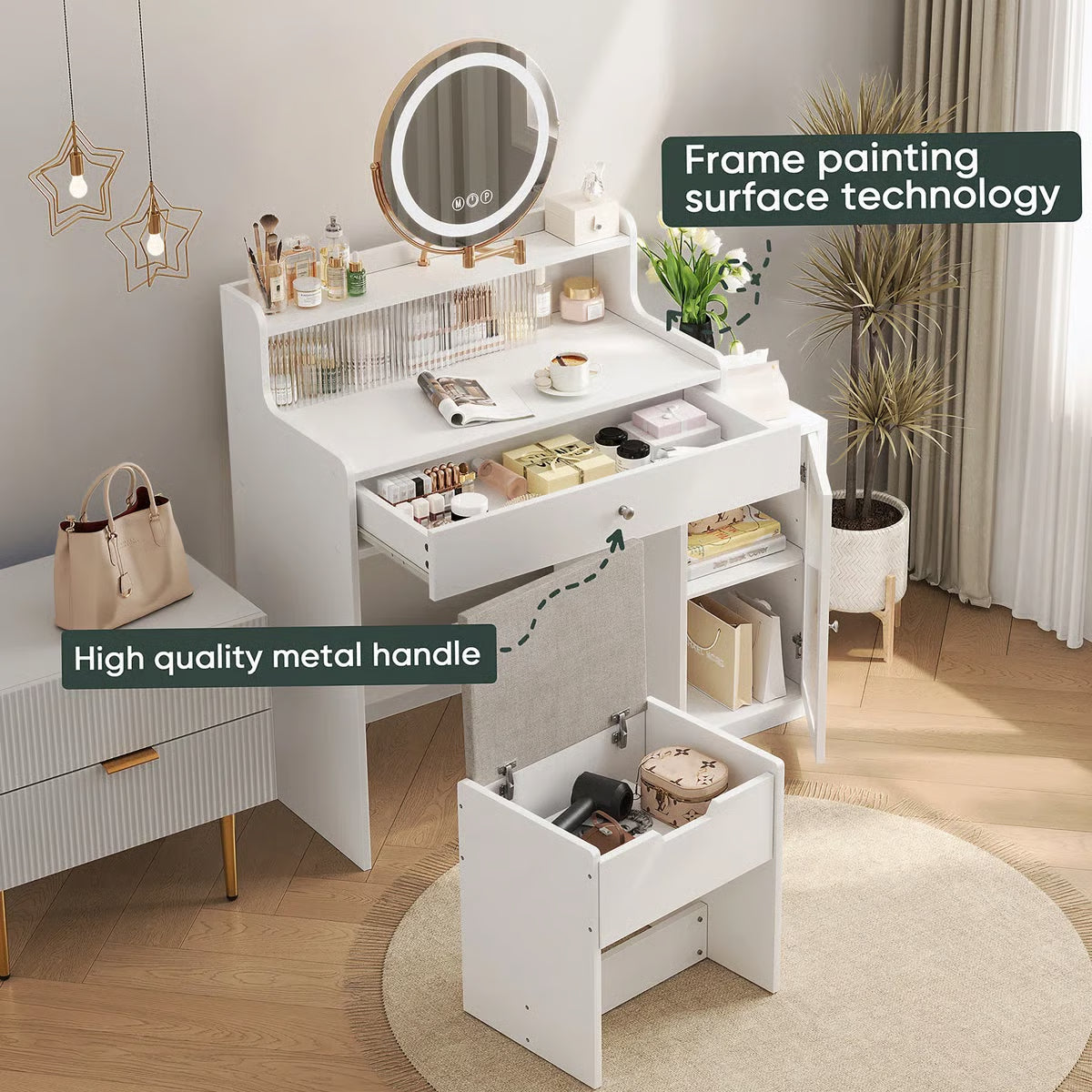 White Vanity Desk with 360° Rotated Mirror and Adjustable Lights, Girls Makeup Vanity Table with Storage Chair