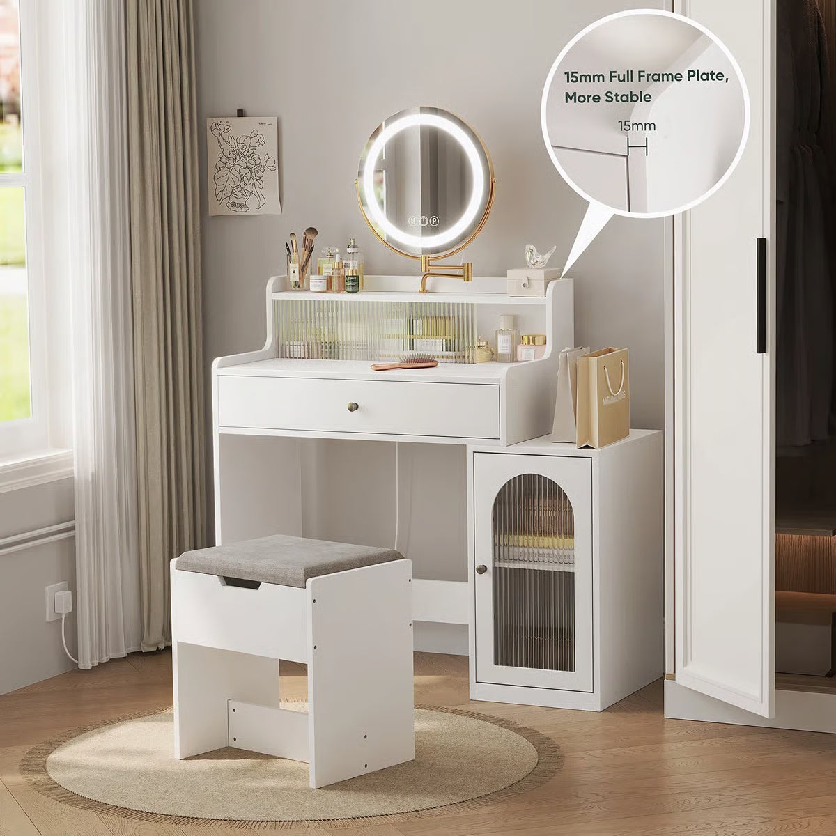 White Vanity Desk with 360° Rotated Mirror -OUCH CART |Dressing table
