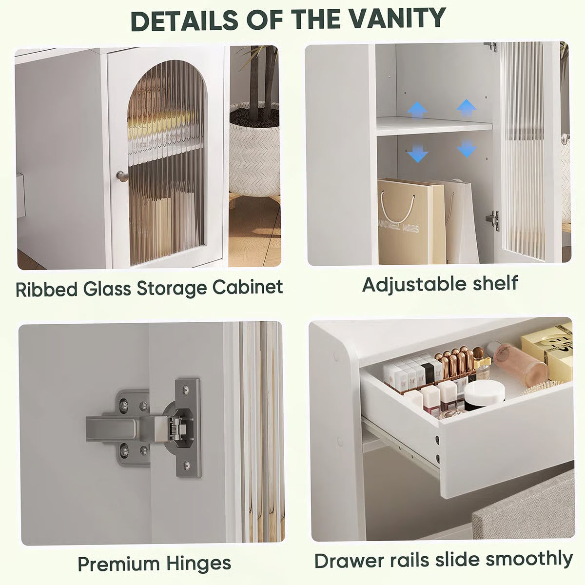 White Vanity Desk with 360° Rotated Mirror and Adjustable Lights, Girls Makeup Vanity Table with Storage Chair