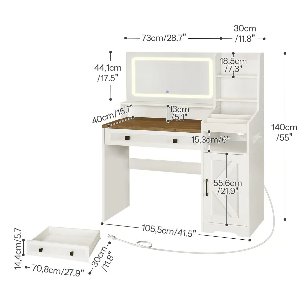 White Makeup Vanity Desk 41.5" with LED Mirror, Power Outlet, and Modern Farmhouse Design